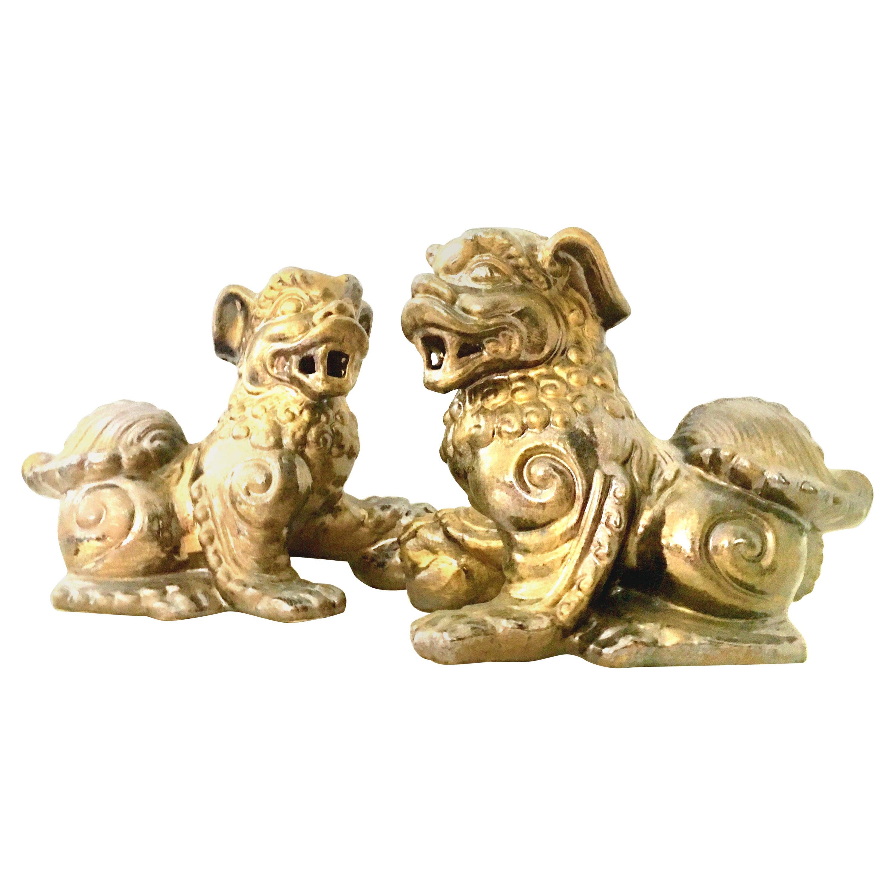 21st Century Pair of Contemporary Gold Gilt Ceramic Glaze Foo Dog Sculptures For Sale