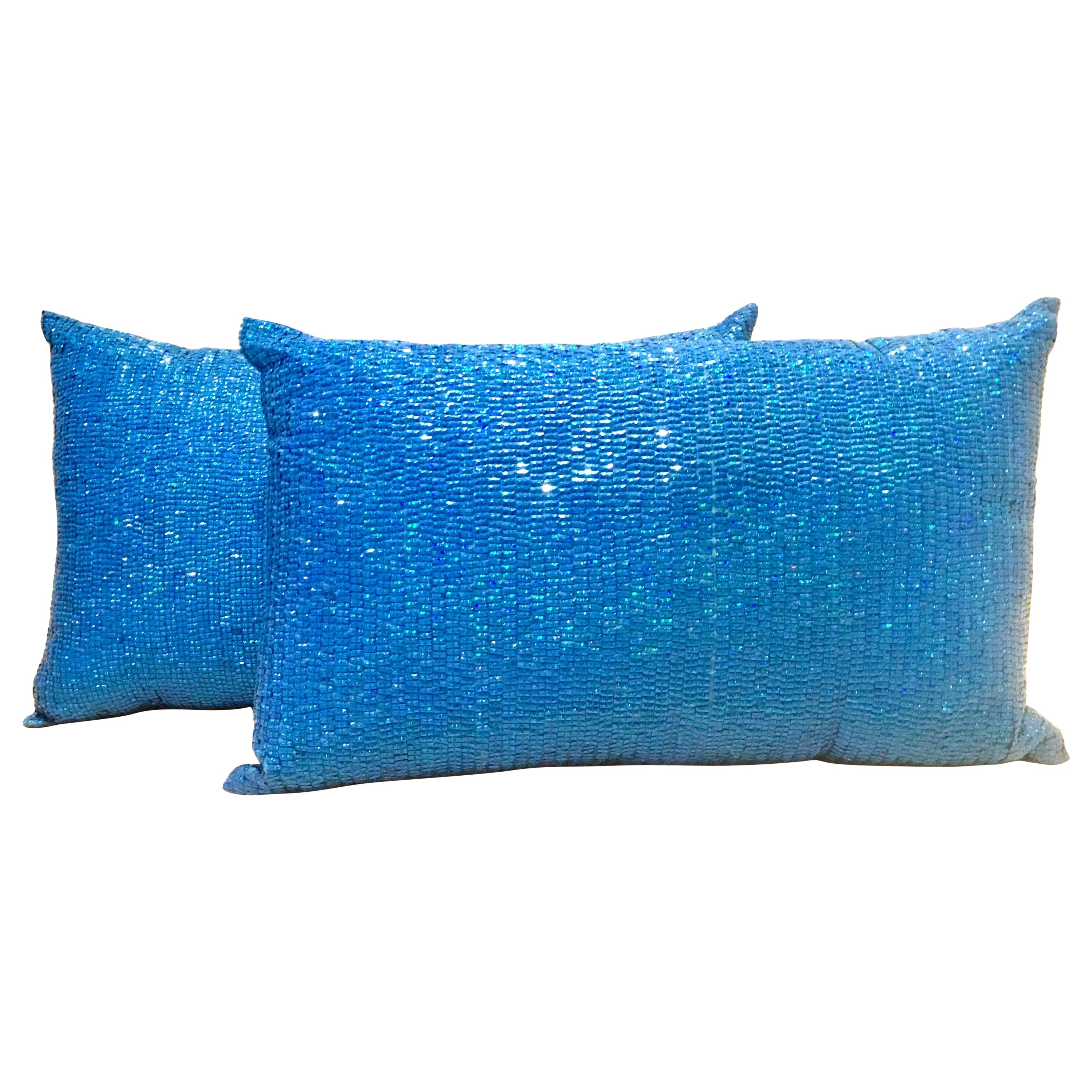 21st Century Pair of Electric Blue Crystal & Silk Rectangular Pillows For Sale