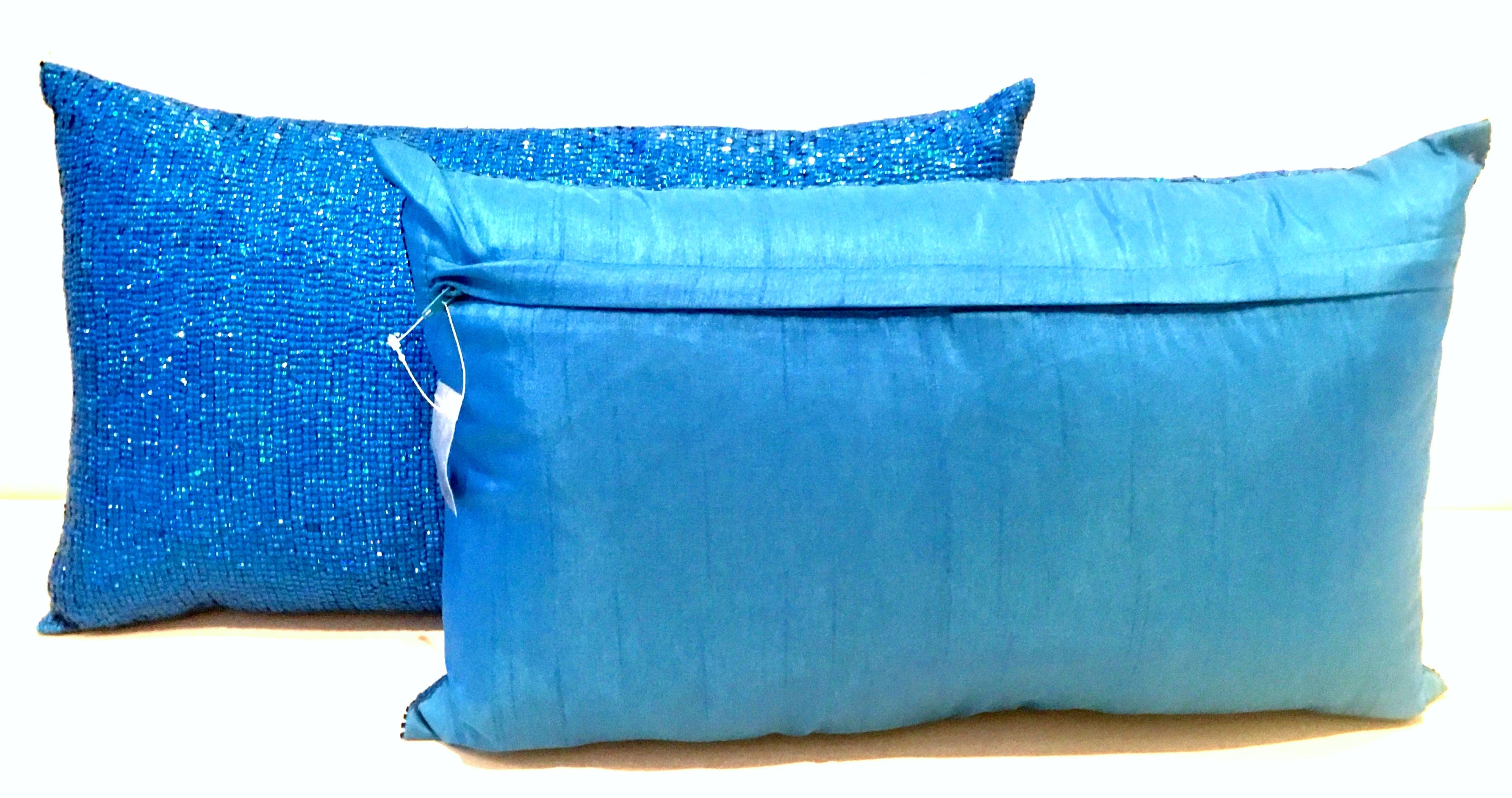 Indian 21st Century Pair of Electric Blue Crystal & Silk Rectangular Pillows For Sale
