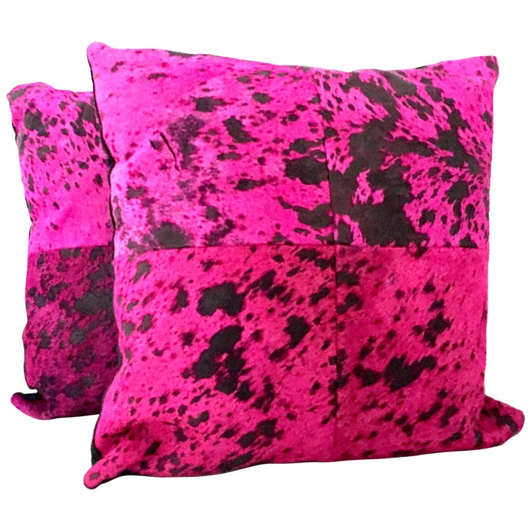 21st Century Pair Of Fuchsia And Chocolate Brown Hide Hair Pillows