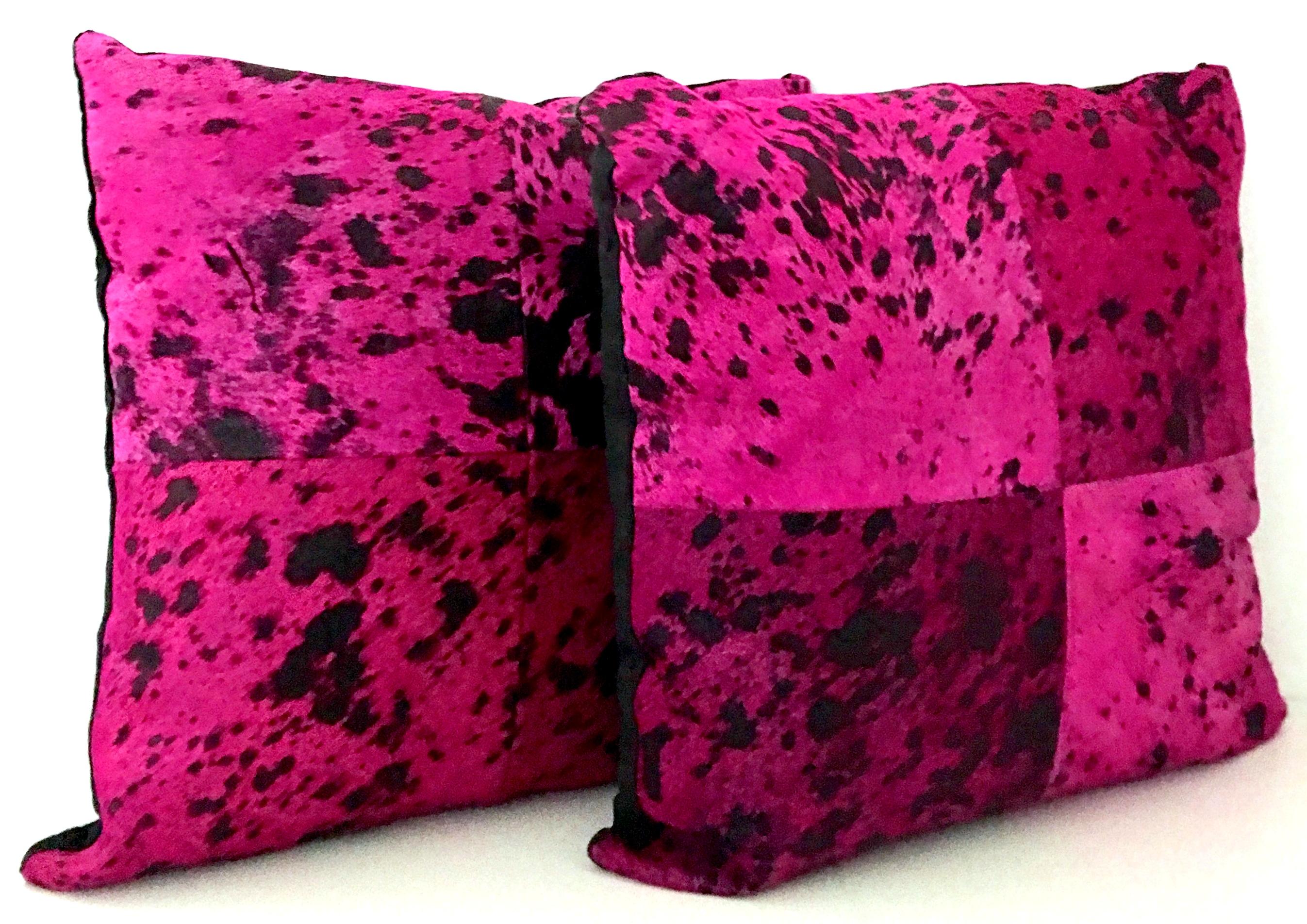 21st Century Pair of Fuchsia and Chocolate Brown Hide Hair Pillows In Good Condition In West Palm Beach, FL