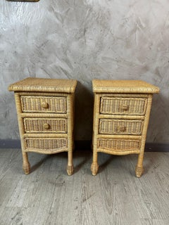 21st century Pair of Handcrafted Wicker Rattan Bedside Tables with Three Drawers