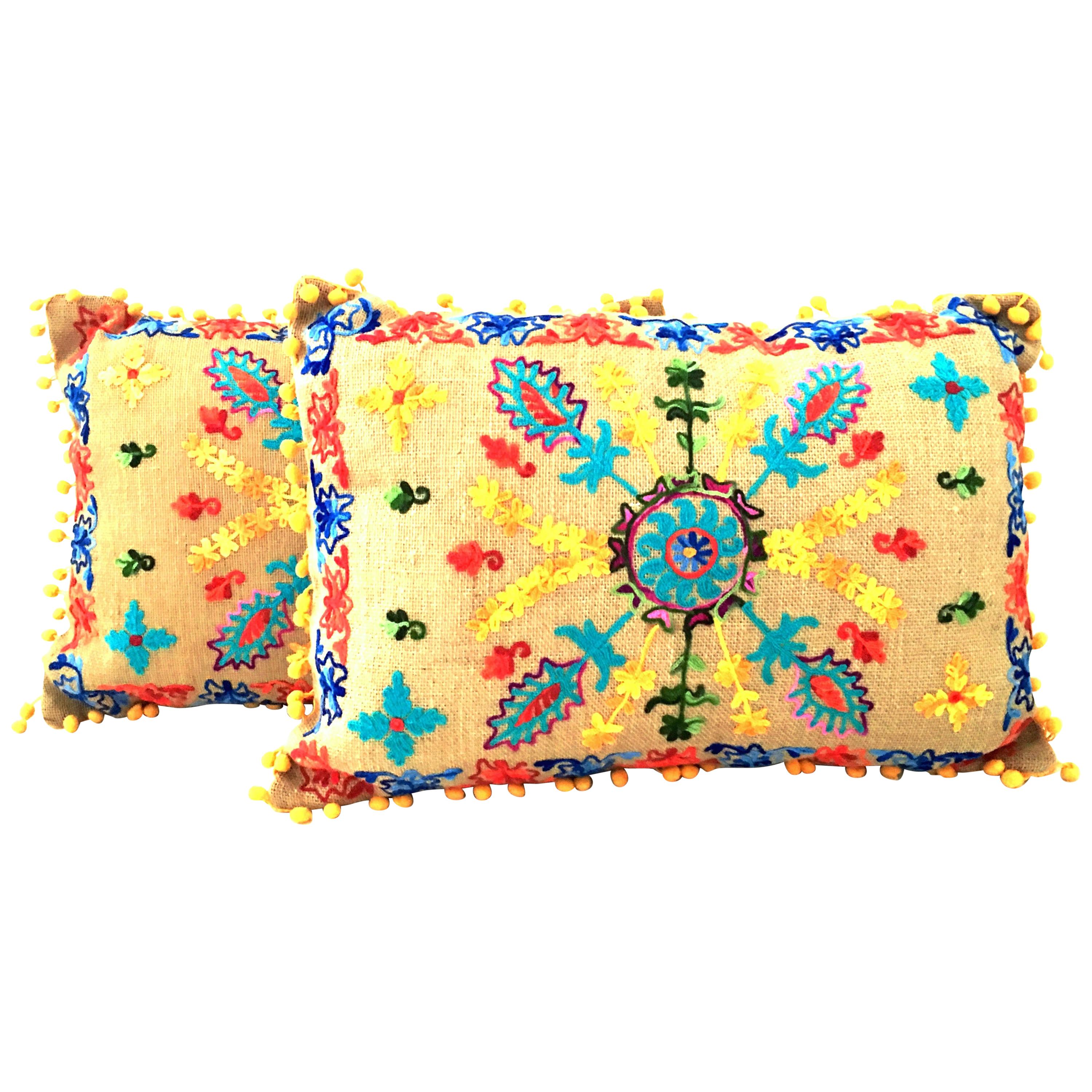 21st Century Pair of Jute Embroidered Pillows by, Karma Living For Sale at 1stDibs karma