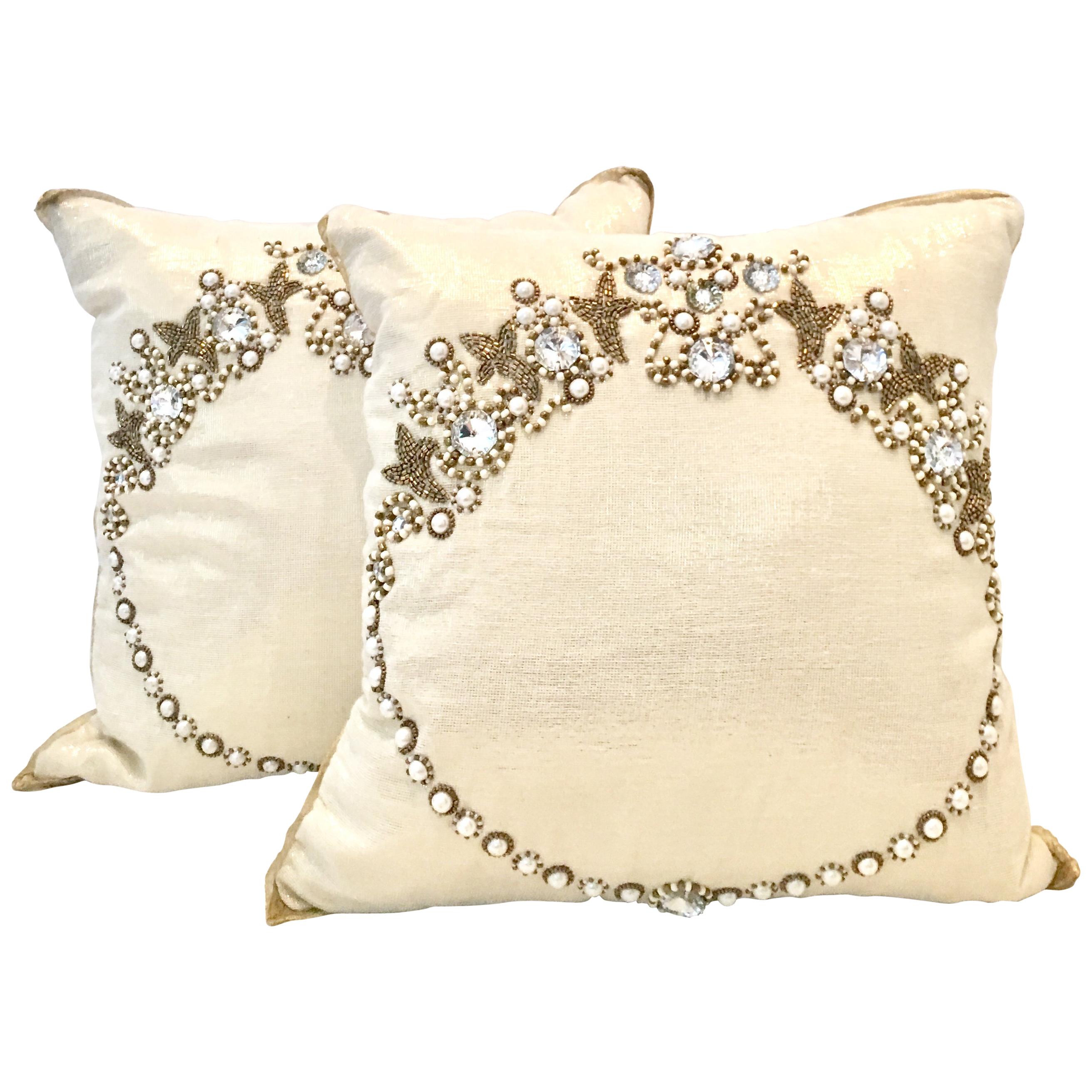 21st Century Pair Of Metallic Silk Hand Beaded Pillows