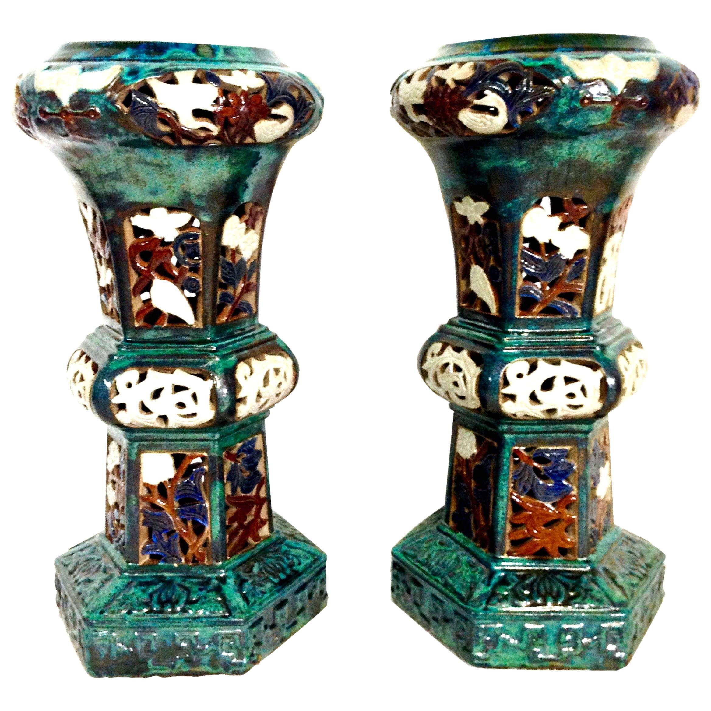 21st Century Pair of Monumental Ceramic Glaze Chinese Export Garden Plant Stands For Sale