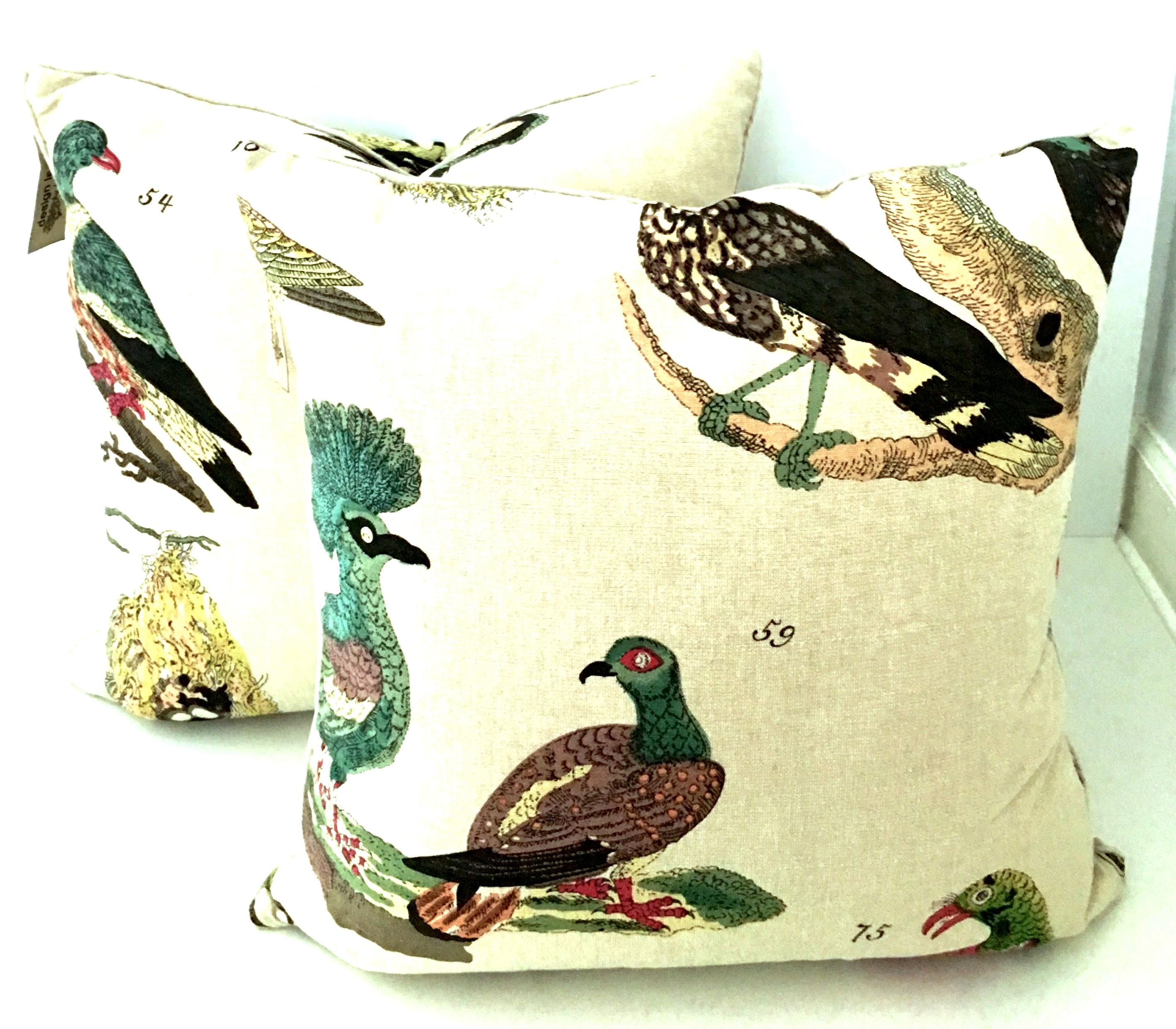 21st Century and new printed Belgium linen aviary down filled pillows by, Design Legacy. These lovely printed Belgium linen pillows feature a bird or aviary motif with hidden zipper for easy removal. Each pillow includes a cotton covered down filled