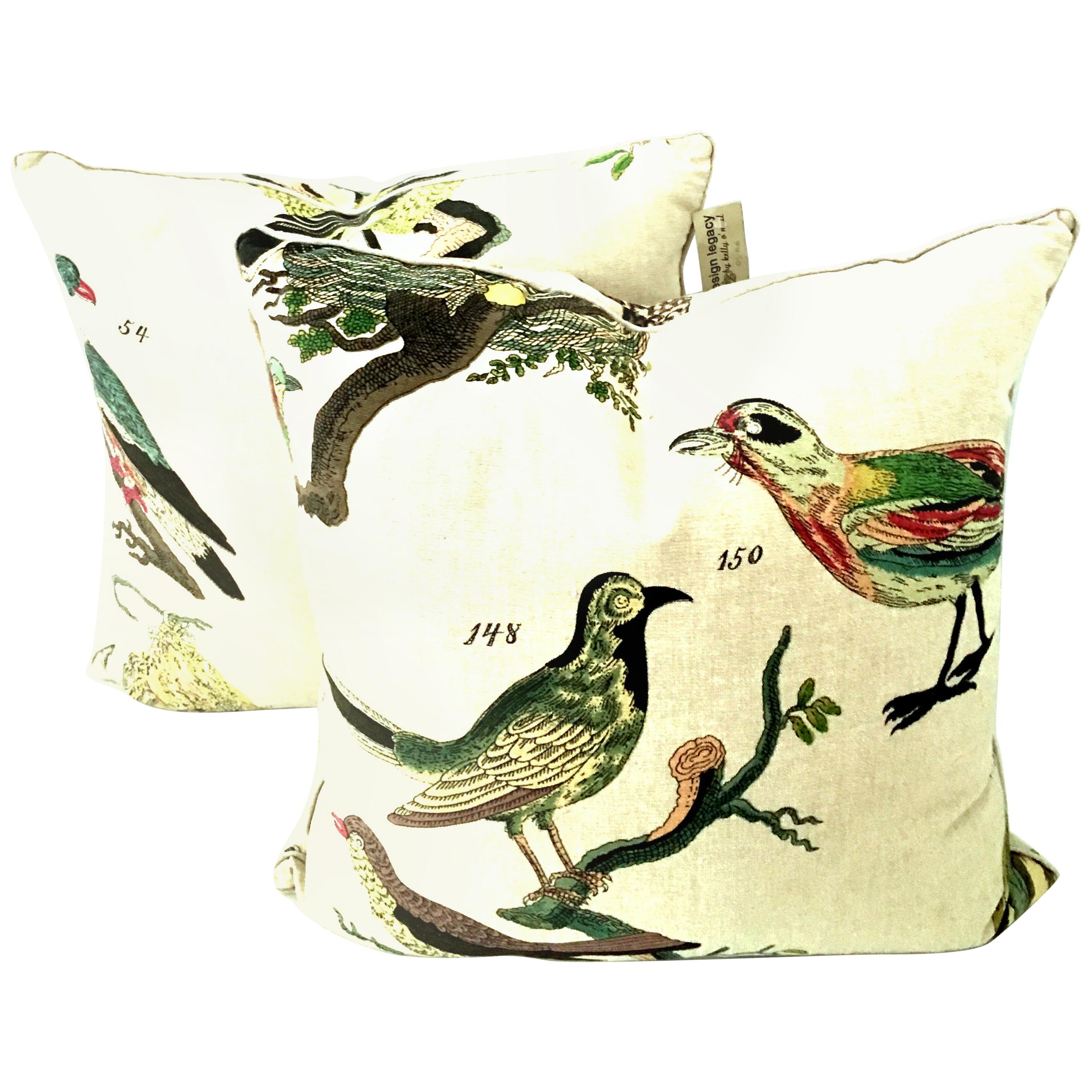 21st Century Pair of New Printed Belgium Linen 'Aviary" Down Filled Pillows S/2 For Sale