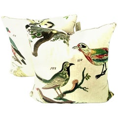 21st Century Pair of New Printed Belgium Linen 'Aviary" Down Filled Pillows S/2