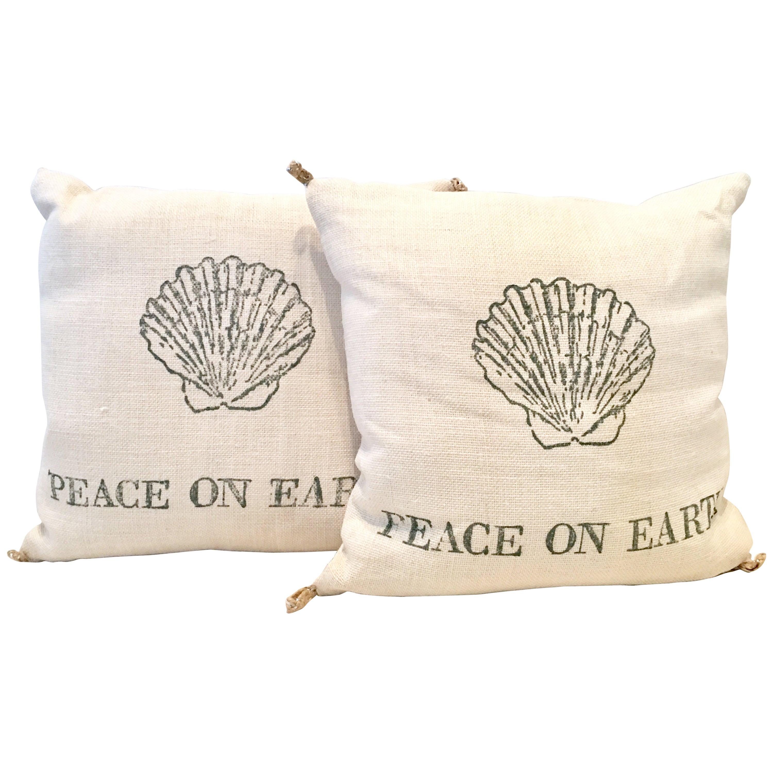 21st Century Pair of "Peace on Earth" Printed Raffia Down Filled Pillow's For Sale