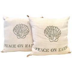 21st Century Pair of "Peace on Earth" Printed Raffia Down Filled Pillow's