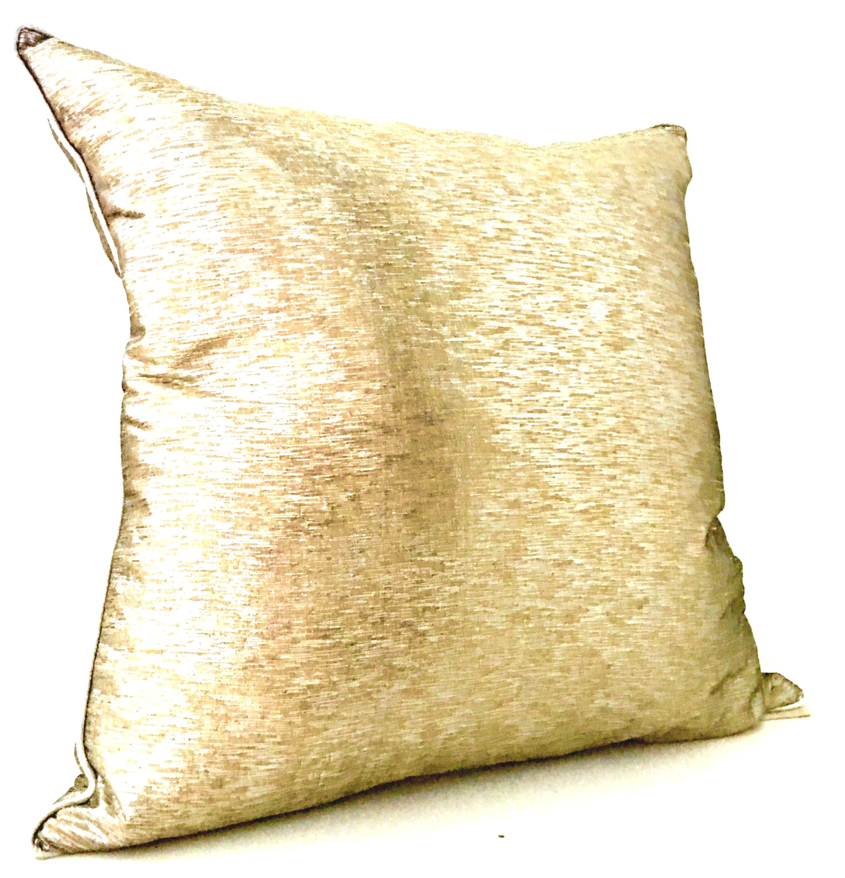 21st Century & New contemporary pair of metallic silk gold and silver down pillows by, Sivaana. Features a silver metallic silk welt. Each pillow has a down and feather combination insert. With a hidden zipper for easy removal. Each pillow has the