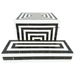 21st Century Pair of Wood Ebony and Ivory Bone Inlay Hinge Boxes Set of 2 Pieces
