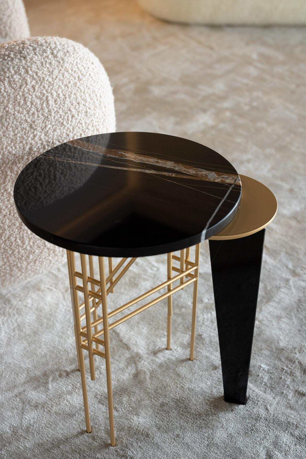 Contemporary Modern Palafita Side Table, Sahara Noir Marble, Handmade Portugal by Greenapple For Sale