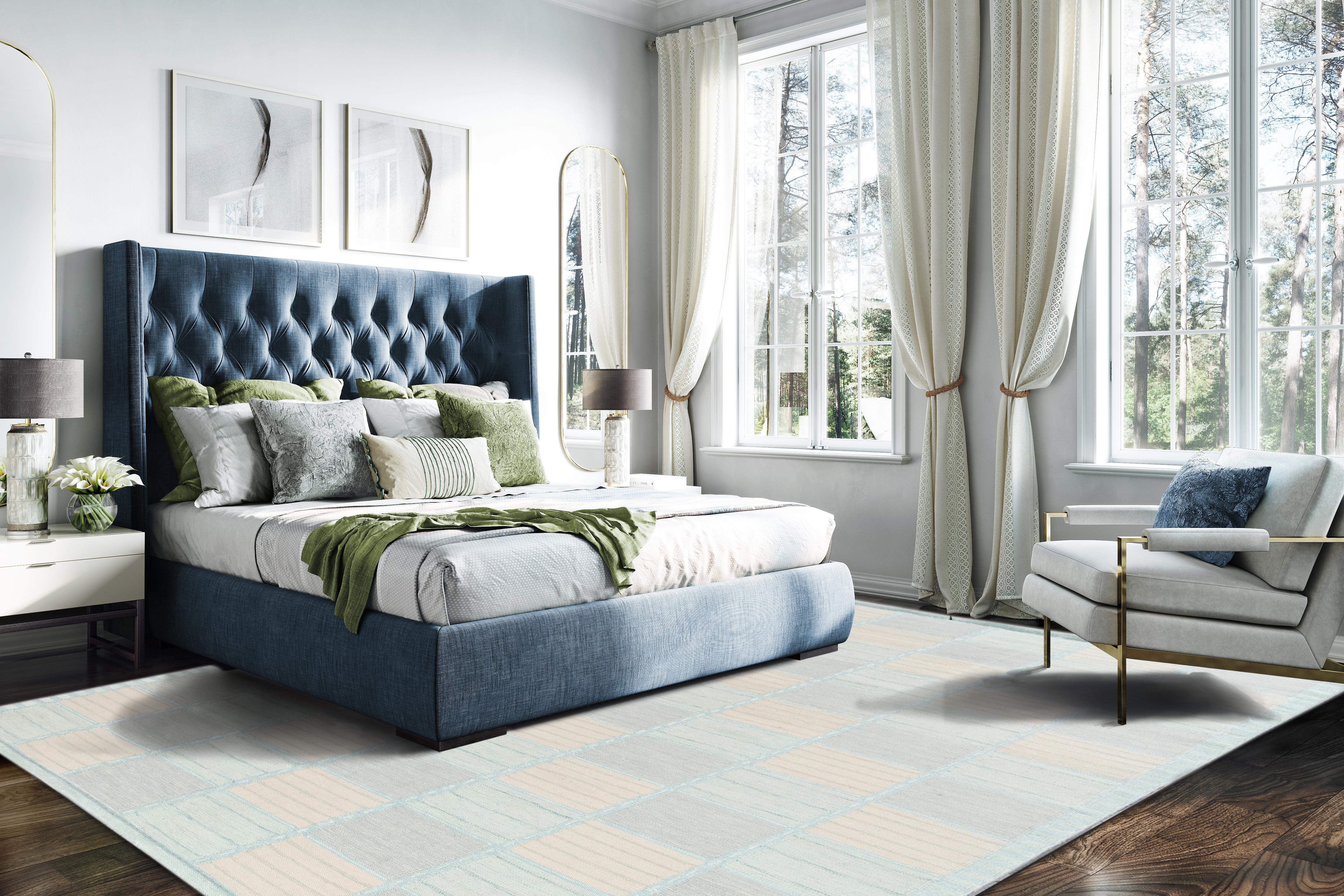 Beautiful 21st century Swedish style rug with geometric design in a pastel-colored field.

This rug measures 10'1