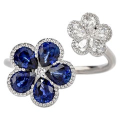 21st Century Pear Sapphire Pear Diamond 18 Karat White Gold Flower Ring