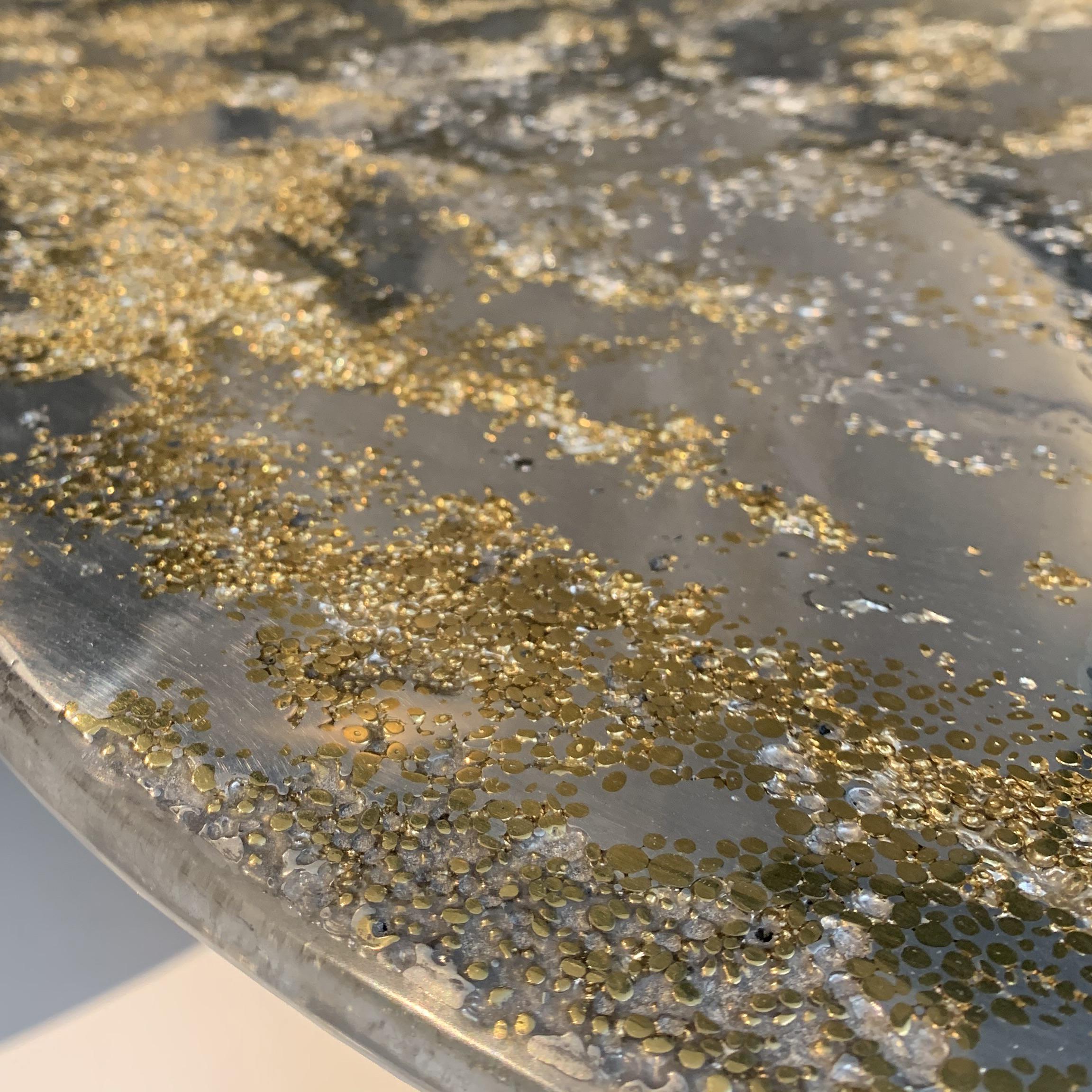 French 21st Century Pedestal Table Sun Ice, Pewter Brass Resin - Xavier Lavergne France For Sale