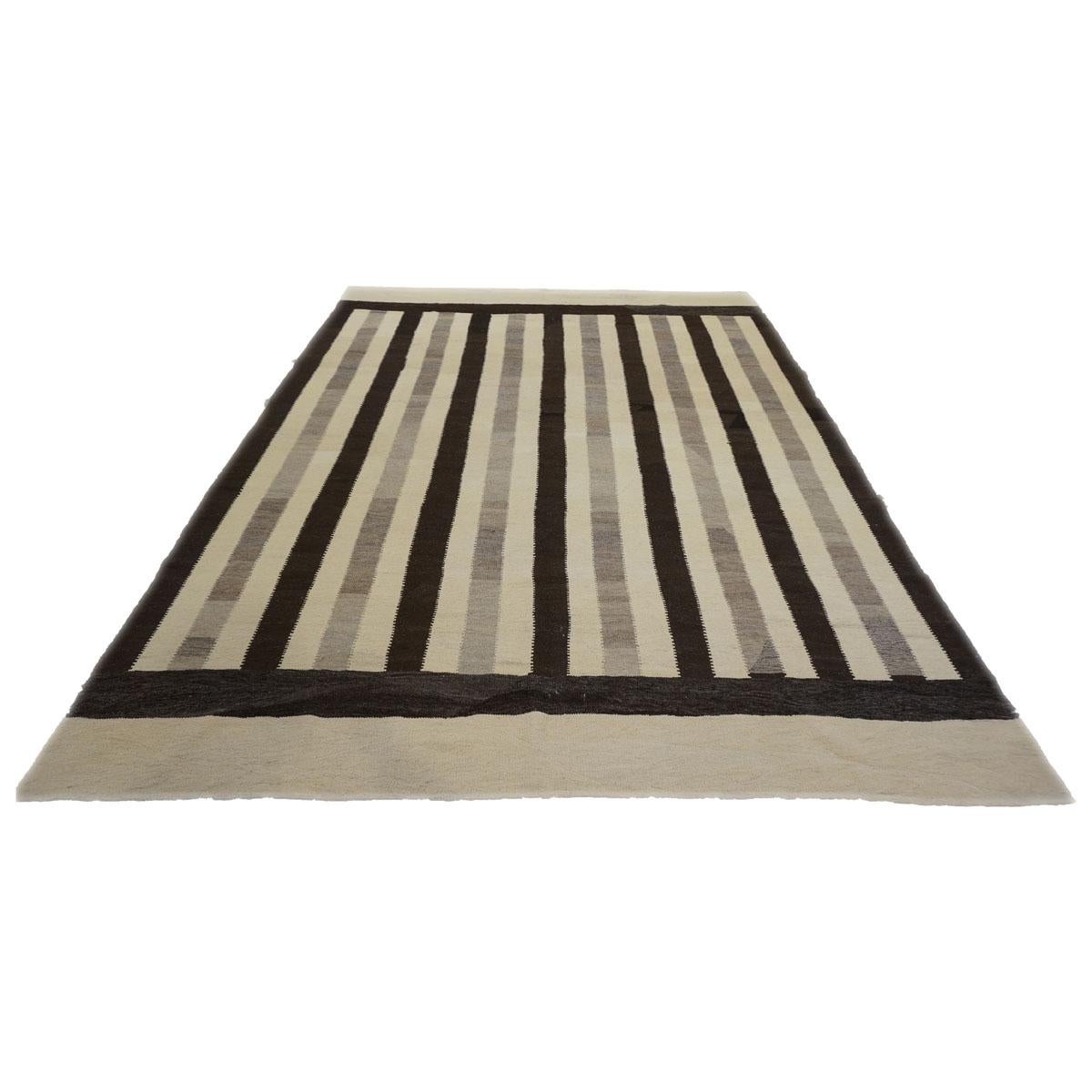 Other 21st Century Persian Flatweave Modern Wool Handwoven Ivory Black Kilim For Sale