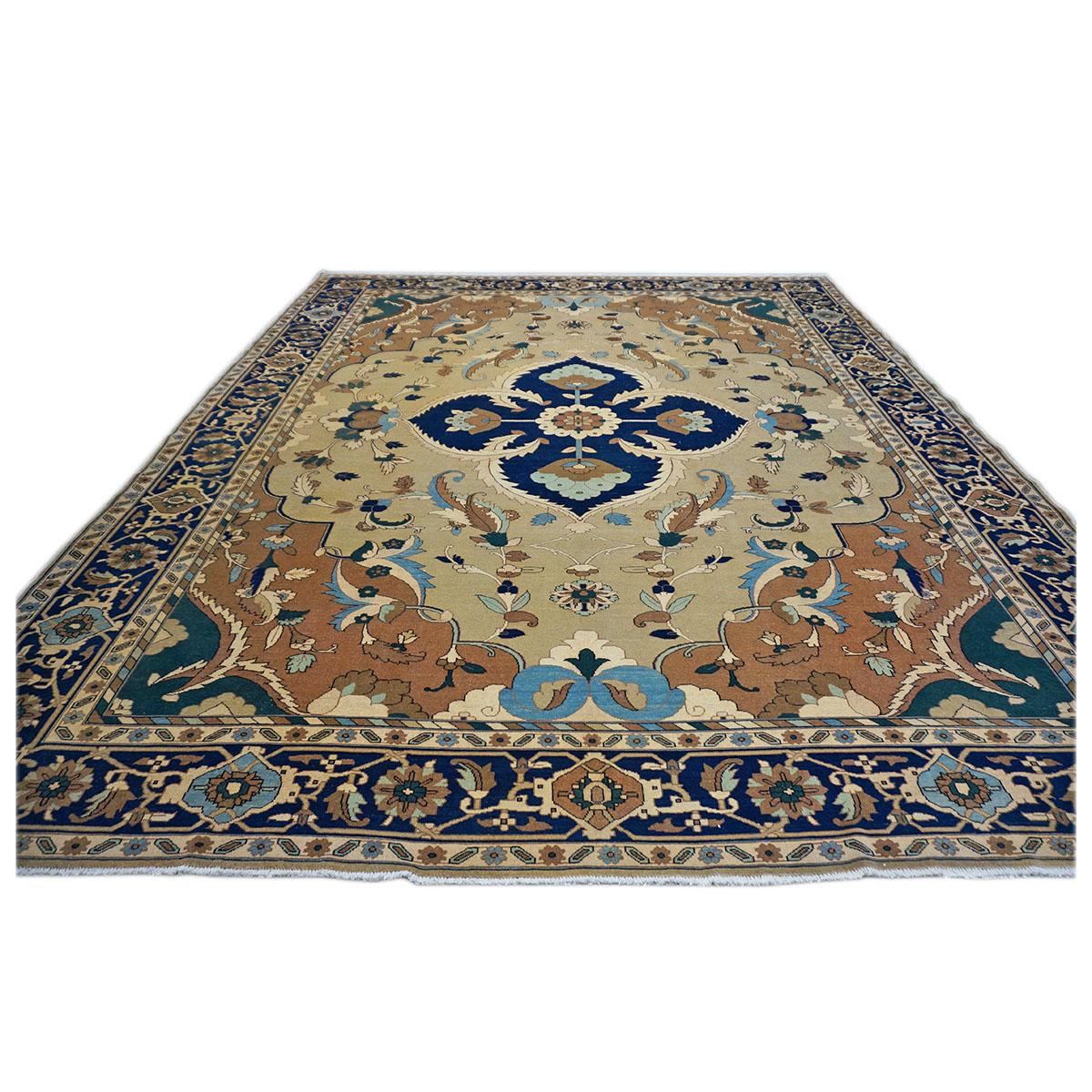 Hand-Woven 21st Century Persian Heriz 12x15 Tan, Navy, & Brown Handmade Area Rug For Sale