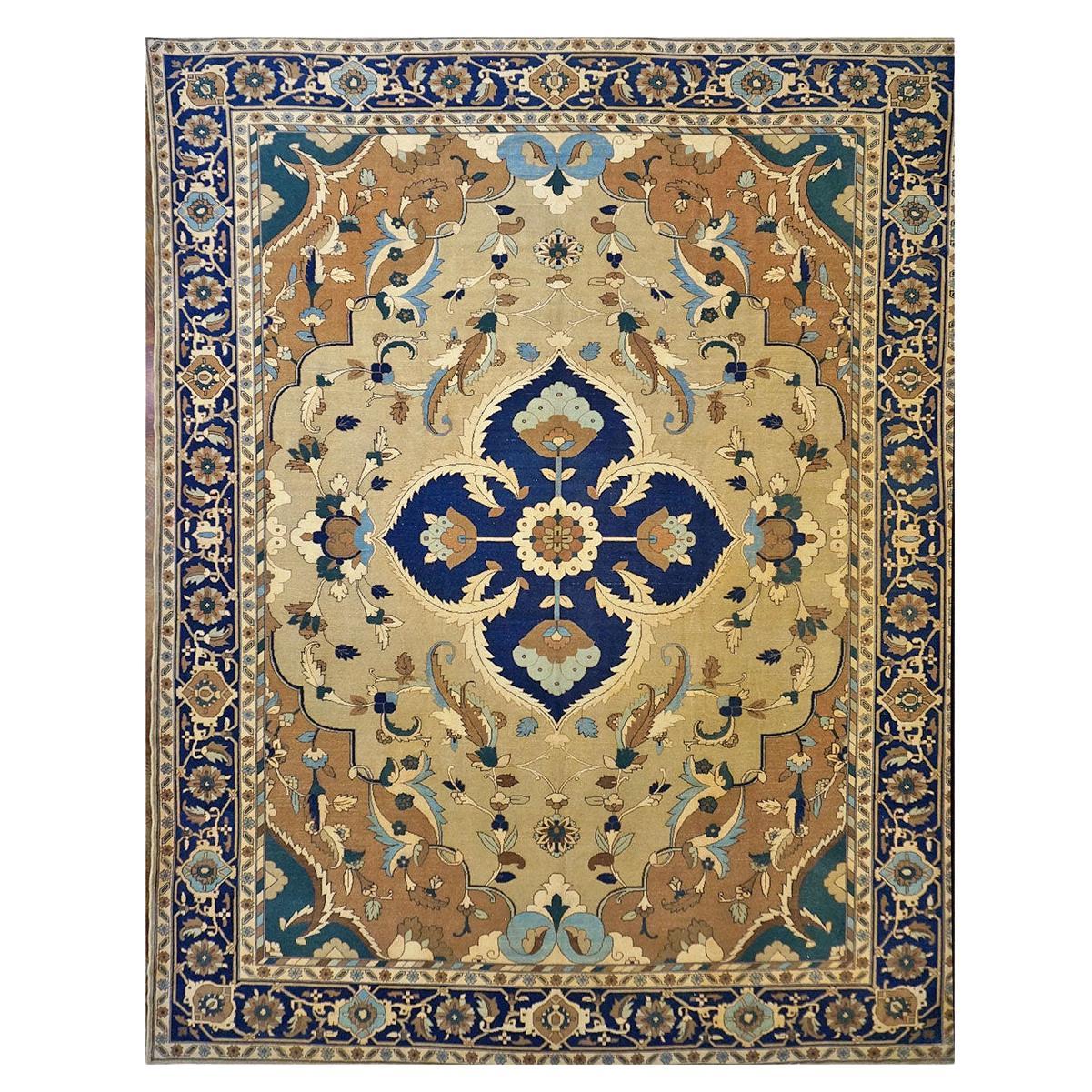 21st Century Persian Heriz 12x15 Tan, Navy, & Brown Handmade Area Rug