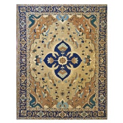 21st Century Persian Heriz 12x15 Tan, Navy, & Brown Tapis de sol fait main