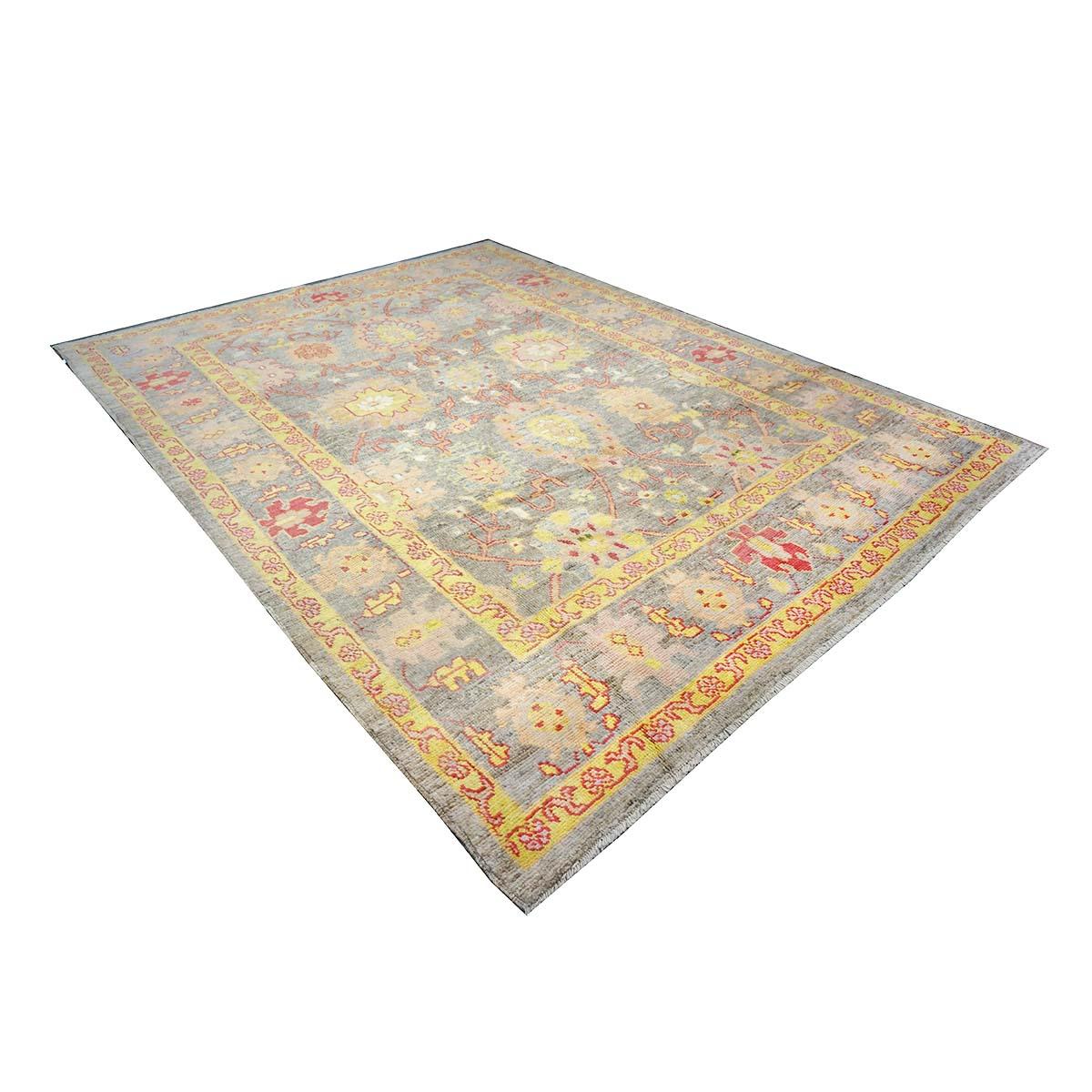 Hand-Woven 21st Century Persian Oushak Master 8x10 Grey, Red, & Yellow Handmade Area Rug For Sale