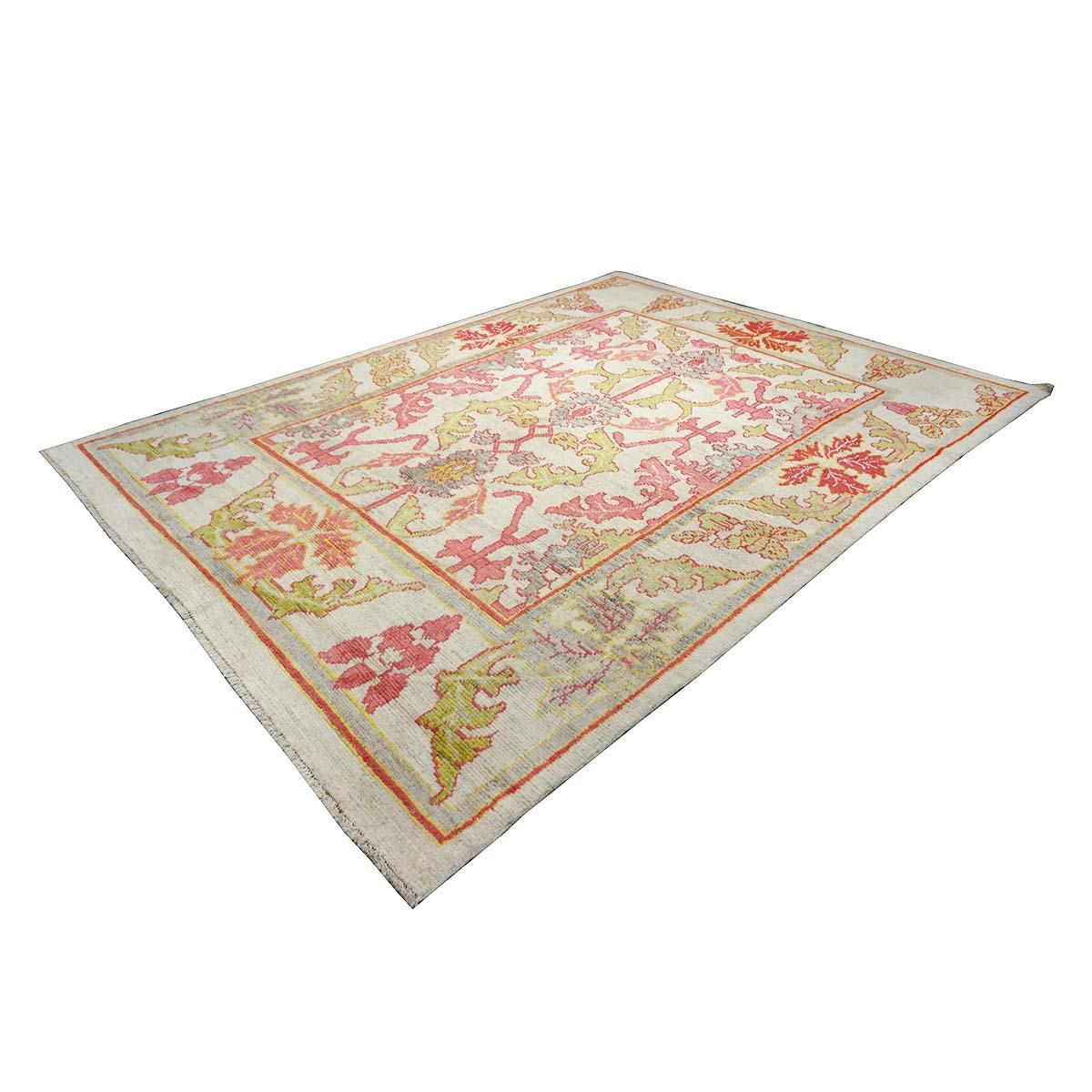 Hand-Woven 21st Century Persian Oushak Master 8x11 Ivory, Pink, & Yellow Handmade Area Rug For Sale