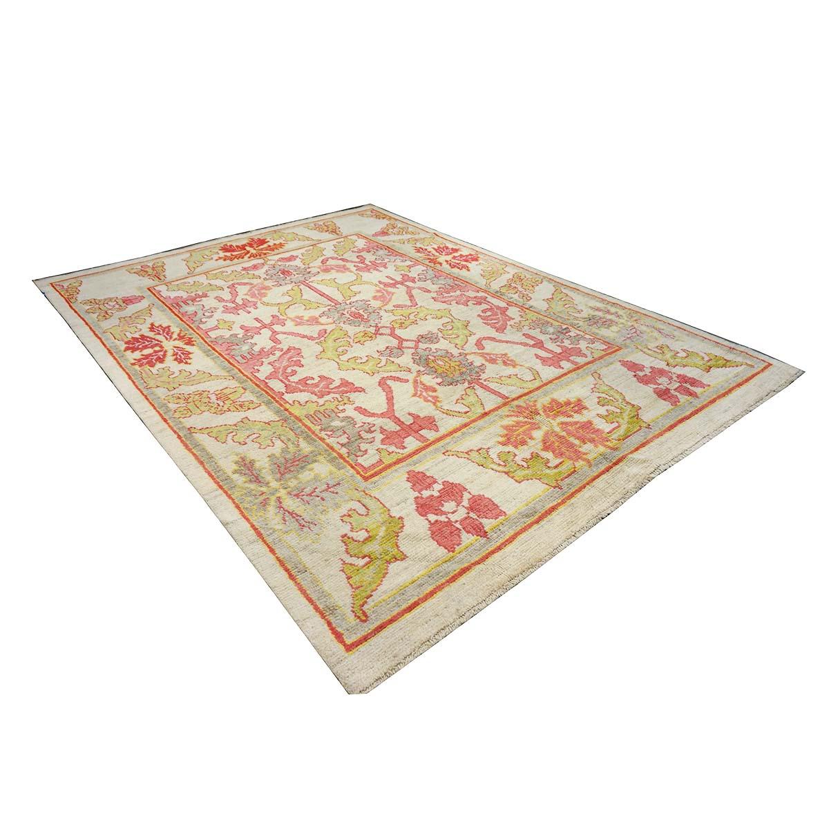 21st Century Persian Oushak Master 8x11 Ivory, Pink, & Yellow Handmade Area Rug For Sale 1