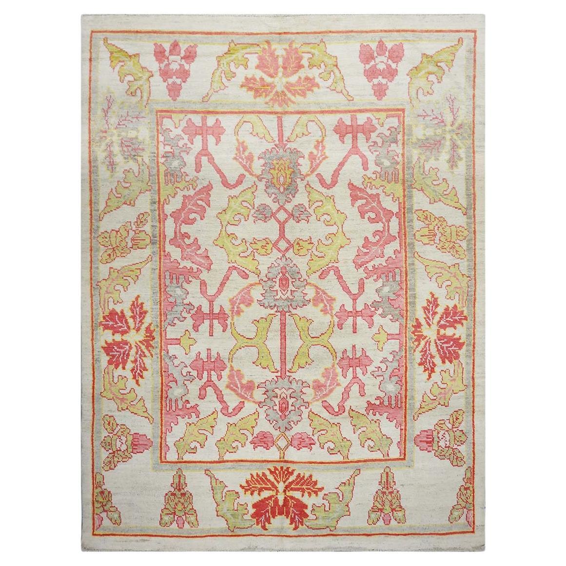 21st Century Persian Oushak Master 8x11 Ivory, Pink, & Yellow Handmade Area Rug For Sale