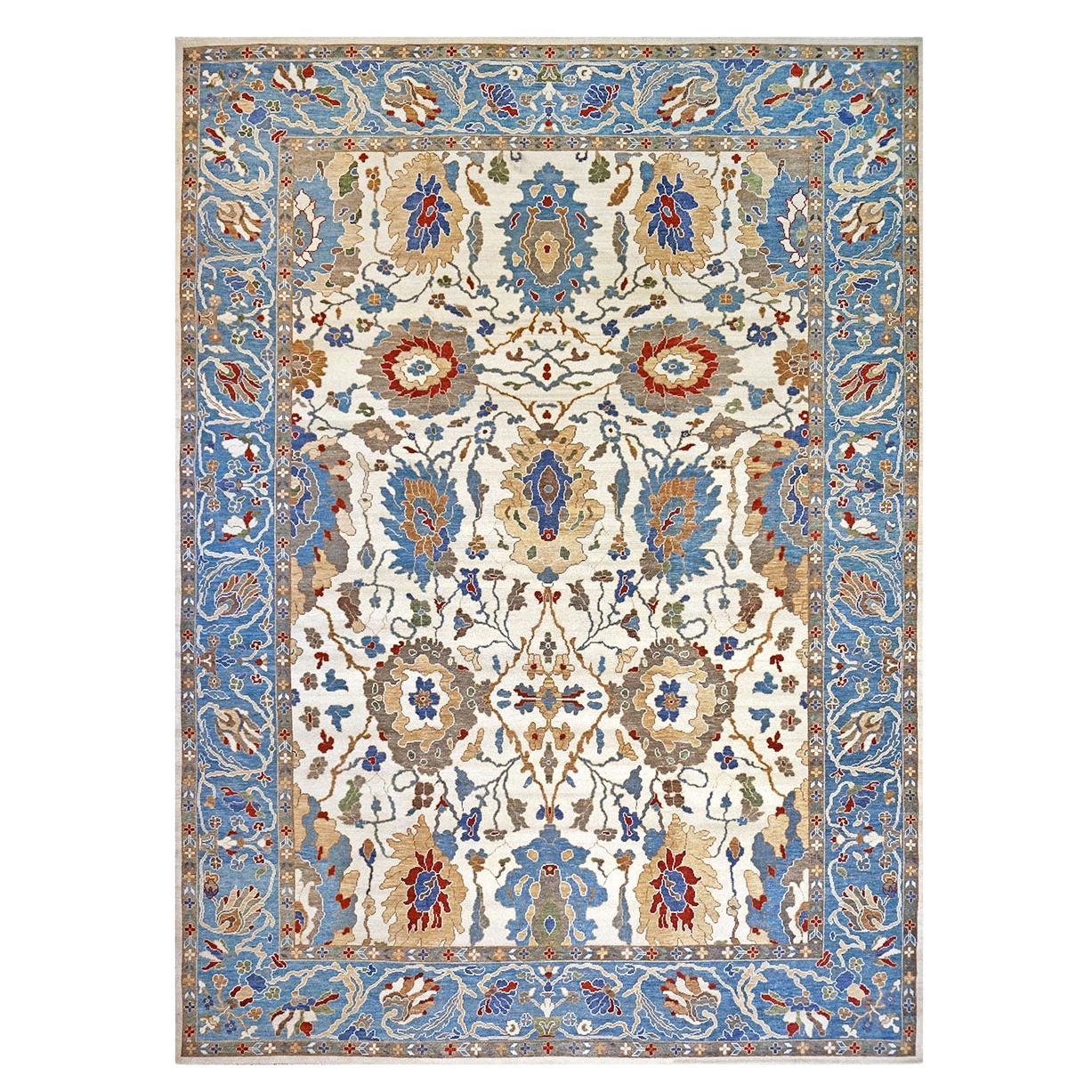 21st Century Sultanabad 10x14 Blue & Ivory Handmade Area Rug For Sale