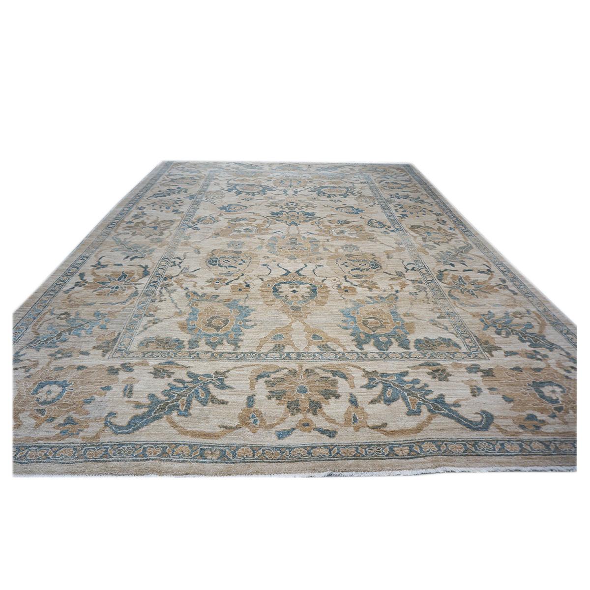 Other 21st Century Persian Sultanabad 10x14 Ivory and Slate Blue Wool Rug For Sale