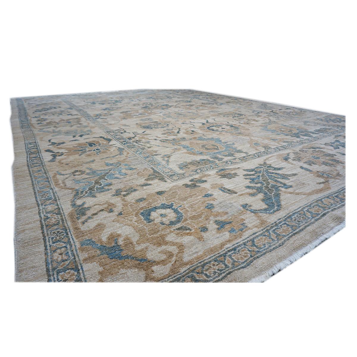 Hand-Woven 21st Century Persian Sultanabad 10x14 Ivory and Slate Blue Wool Rug For Sale