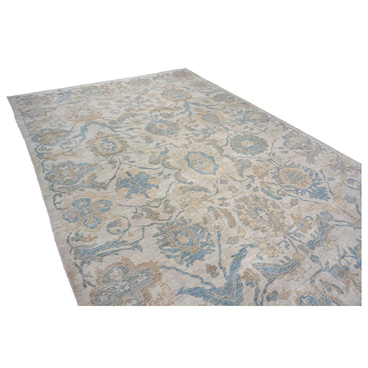 Wool 21st Century Persian Sultanabad 10x14 Ivory, Blue & Tan Handmade Area Rug For Sale