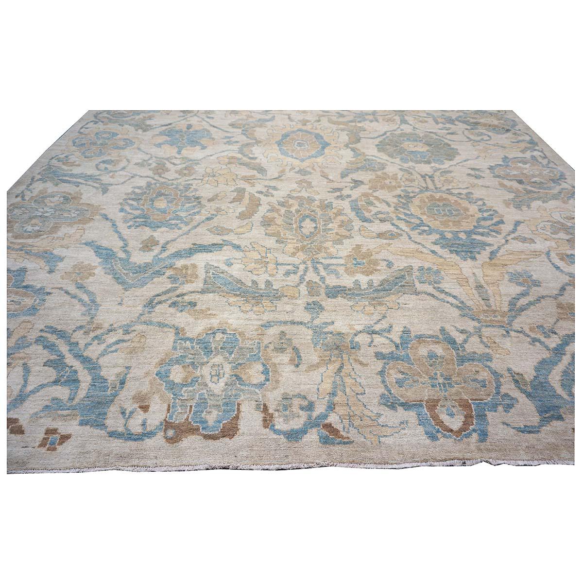 21st Century Persian Sultanabad 10x14 Ivory, Blue & Tan Handmade Area Rug For Sale 1