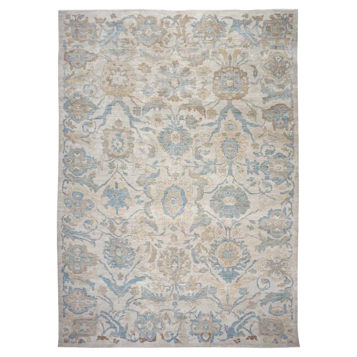 Tapis persan Sultanabad du 21e siècle 10x14 ivoire, bleu et brun clair fait à la main