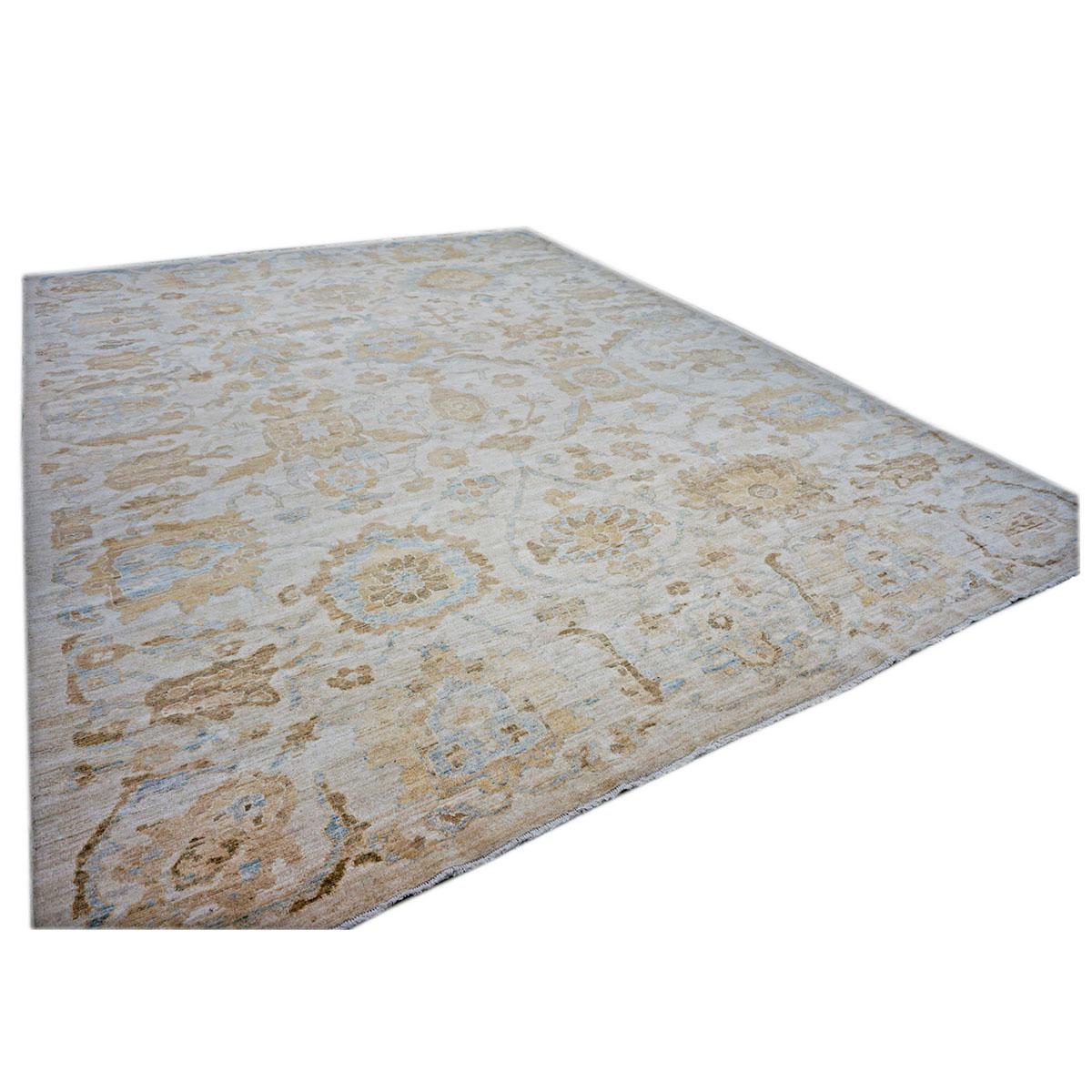Hand-Woven 21st Century Persian Sultanabad 10x14 Ivory, Tan, & Blue Handmade Wool Rug For Sale