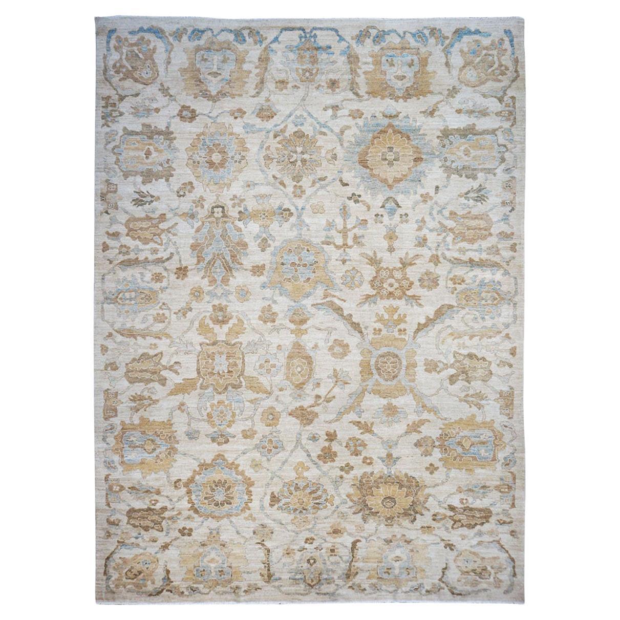 21st Century Persian Sultanabad 10x14 Ivory, Tan, & Blue Handmade Wool Rug For Sale