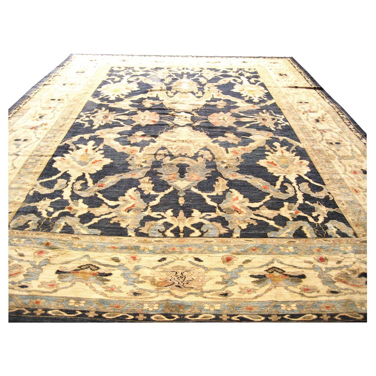 Hand-Woven 21st Century Persian Sultanabad 12x16 Navy Blue & Ivory Handmade Area Rug For Sale