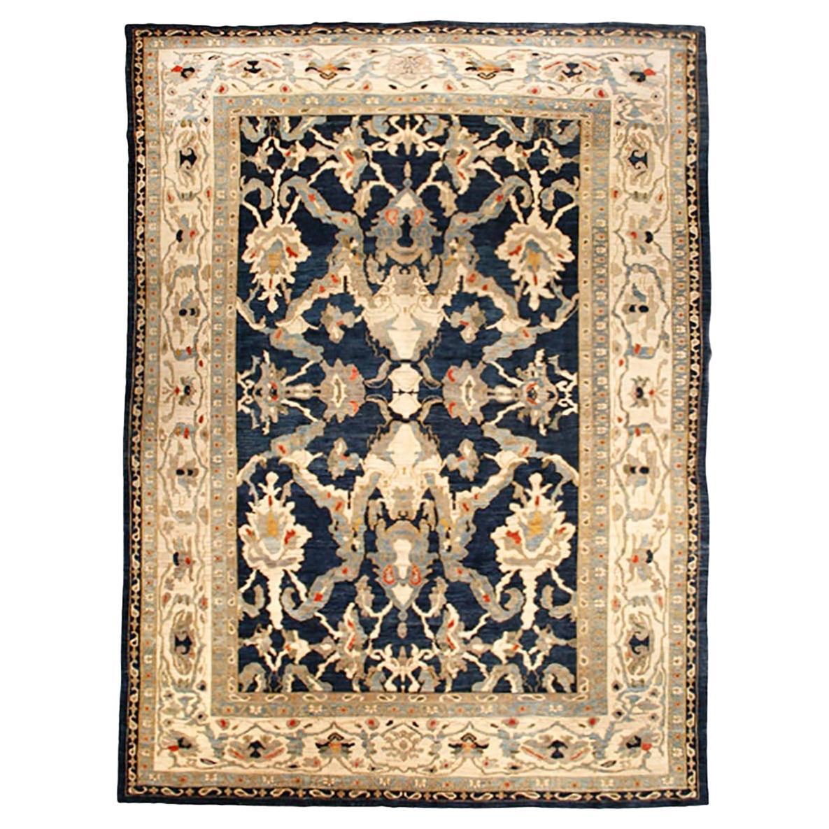 21st Century Persian Sultanabad 12x16 Navy Blue & Ivory Handmade Area Rug For Sale