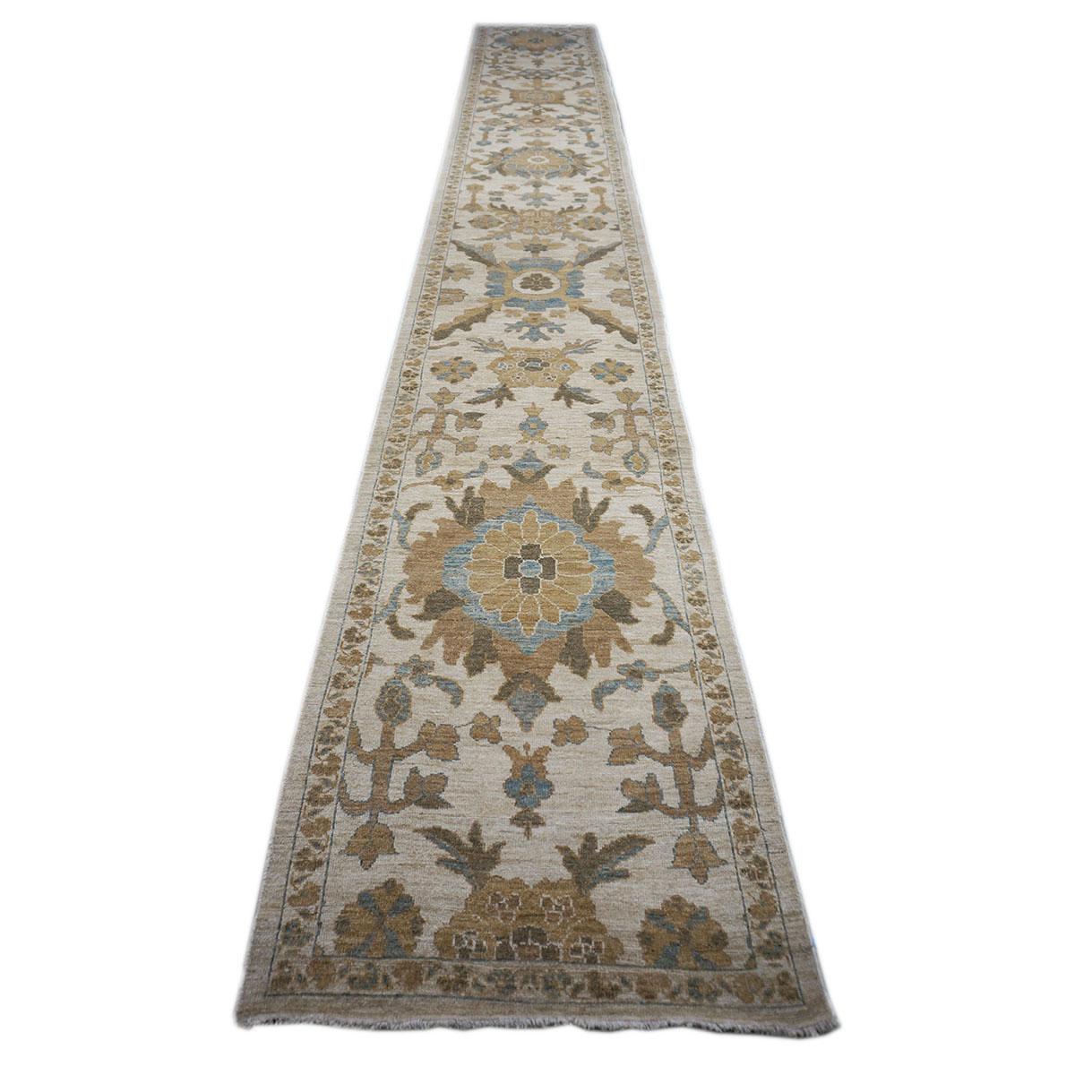 Oushak 21st Century Persian Sultanabad Ivory & Brown 3x23 Handmade Hall Runner Rug For Sale