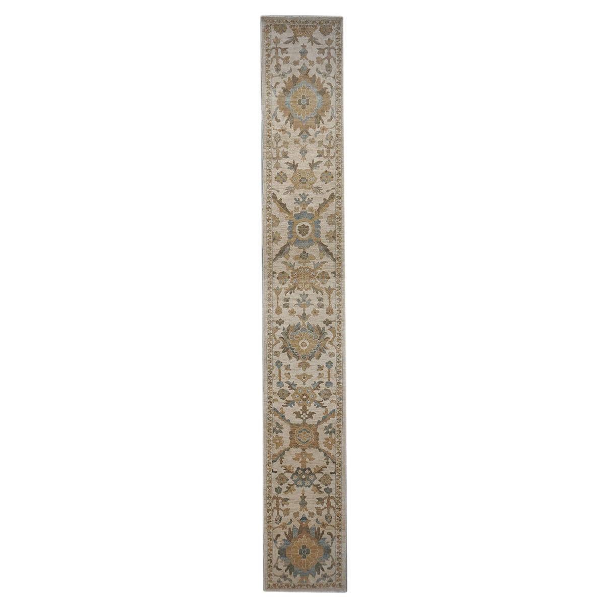 21st Century Persian Sultanabad Ivory & Brown 3x23 Handmade Hall Runner Rug For Sale