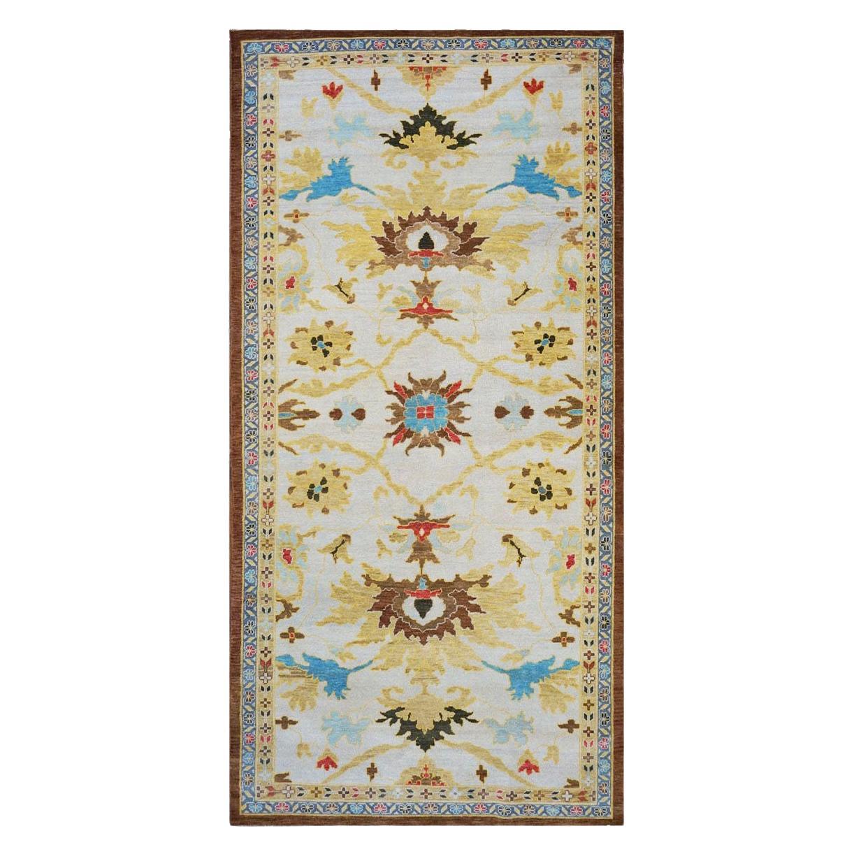 21st Century Sultanabad 5x10 Light Grey & Yellow Handmade Gallery Sized Rug For Sale