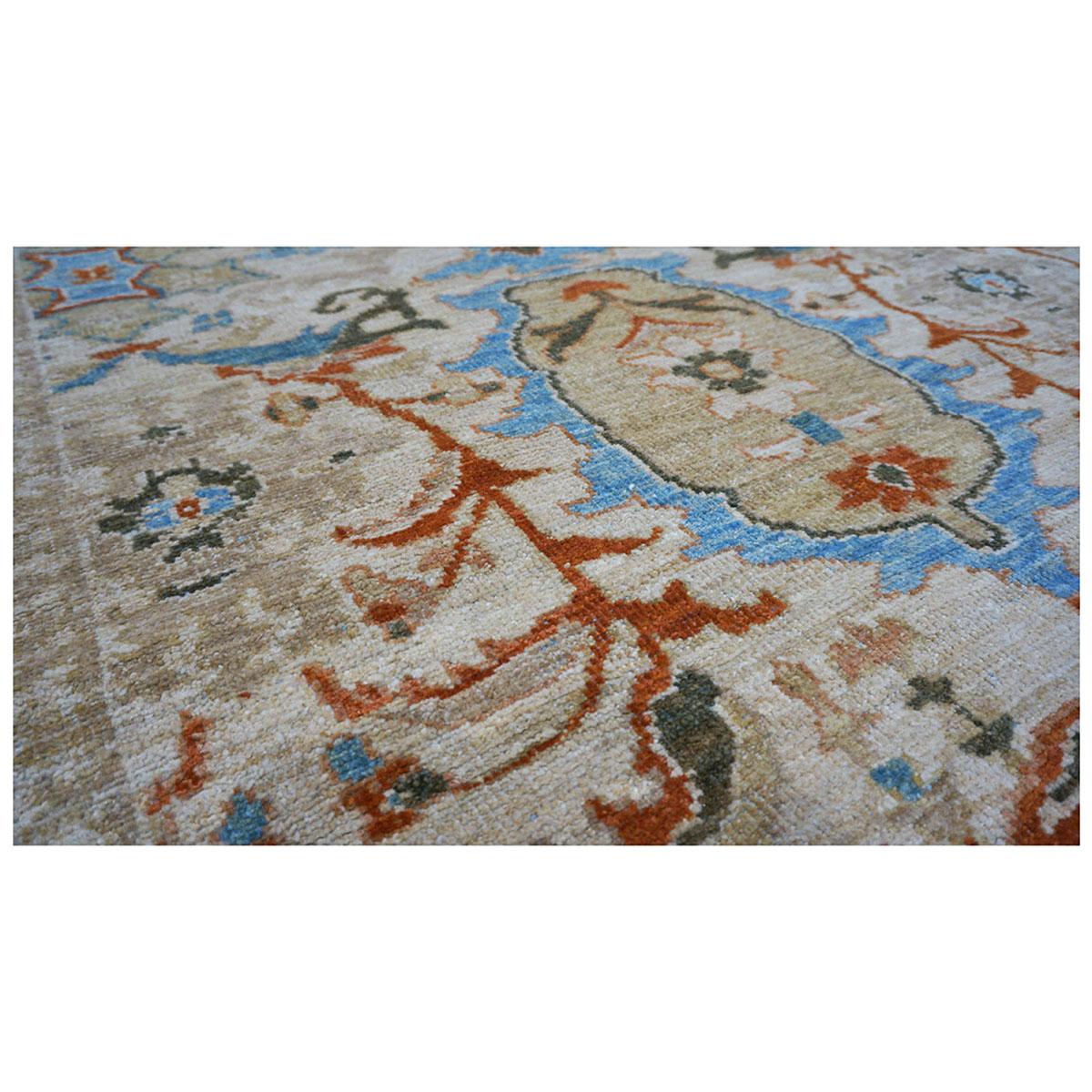 21st Century Persian Sultanabad 8x13 Tan & Blue Handmade Area Rug In Excellent Condition In Houston, TX