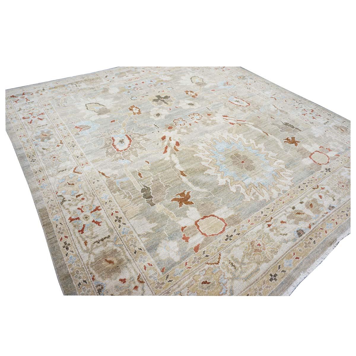 Hand-Woven 21st Century Persian Sultanabad 8x8 Square Tan, Blue, & Ivory Handmade Area Rug For Sale