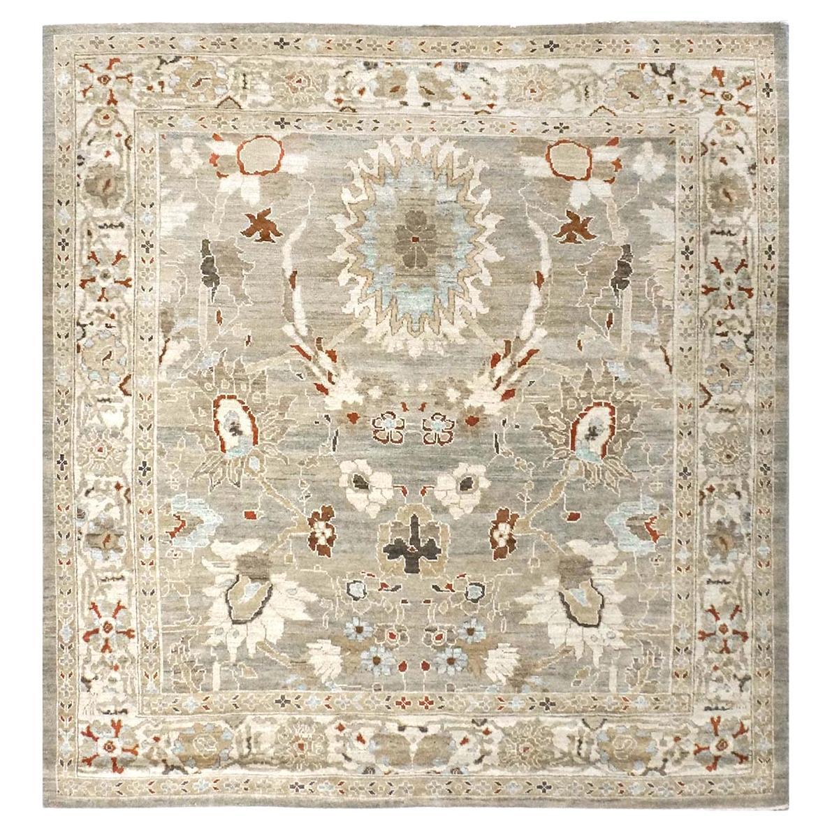 21st Century Persian Sultanabad 8x8 Square Tan, Blue, & Ivory Handmade Area Rug For Sale