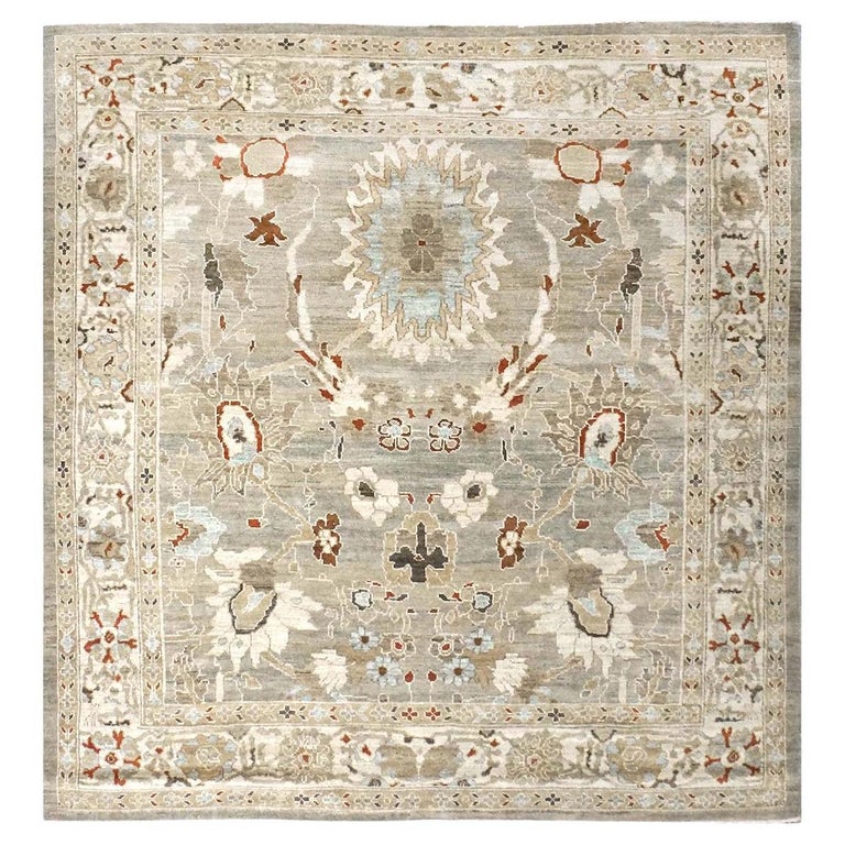 21st Century Persian Sultanabad 8x8 Square Tan, Blue, and Ivory 