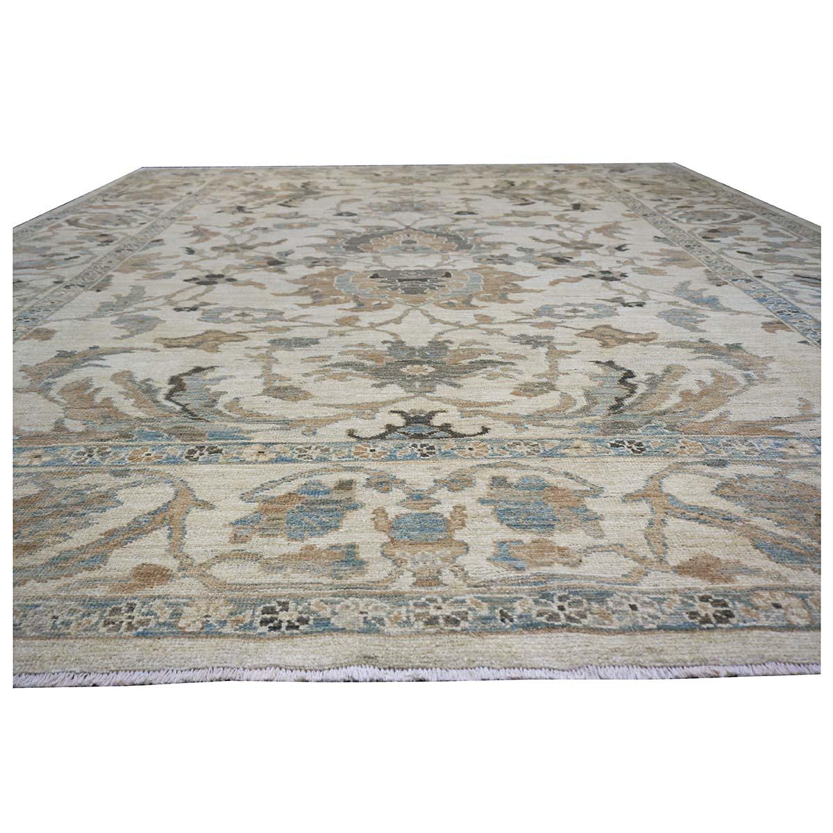 21st Century Persian Sultanabad 9x11 Ivory, Light Blue, & Tan Handmade Area Rug In Excellent Condition For Sale In Houston, TX