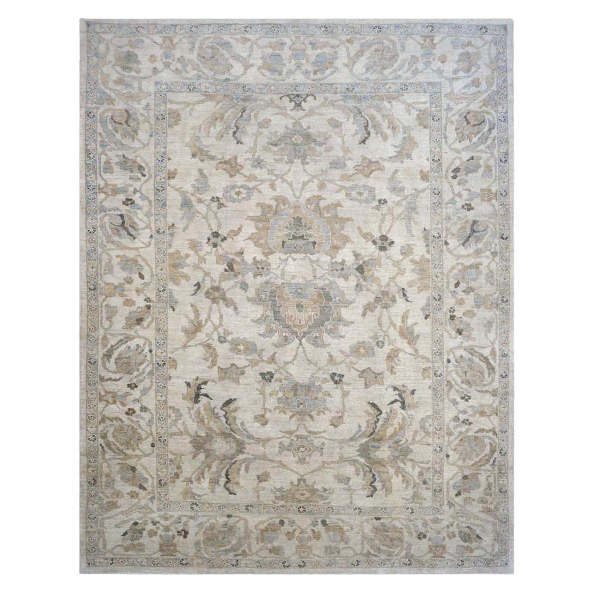 21st Century Persian Sultanabad 9x11 Ivory, Light Blue, & Tan Handmade Area Rug For Sale