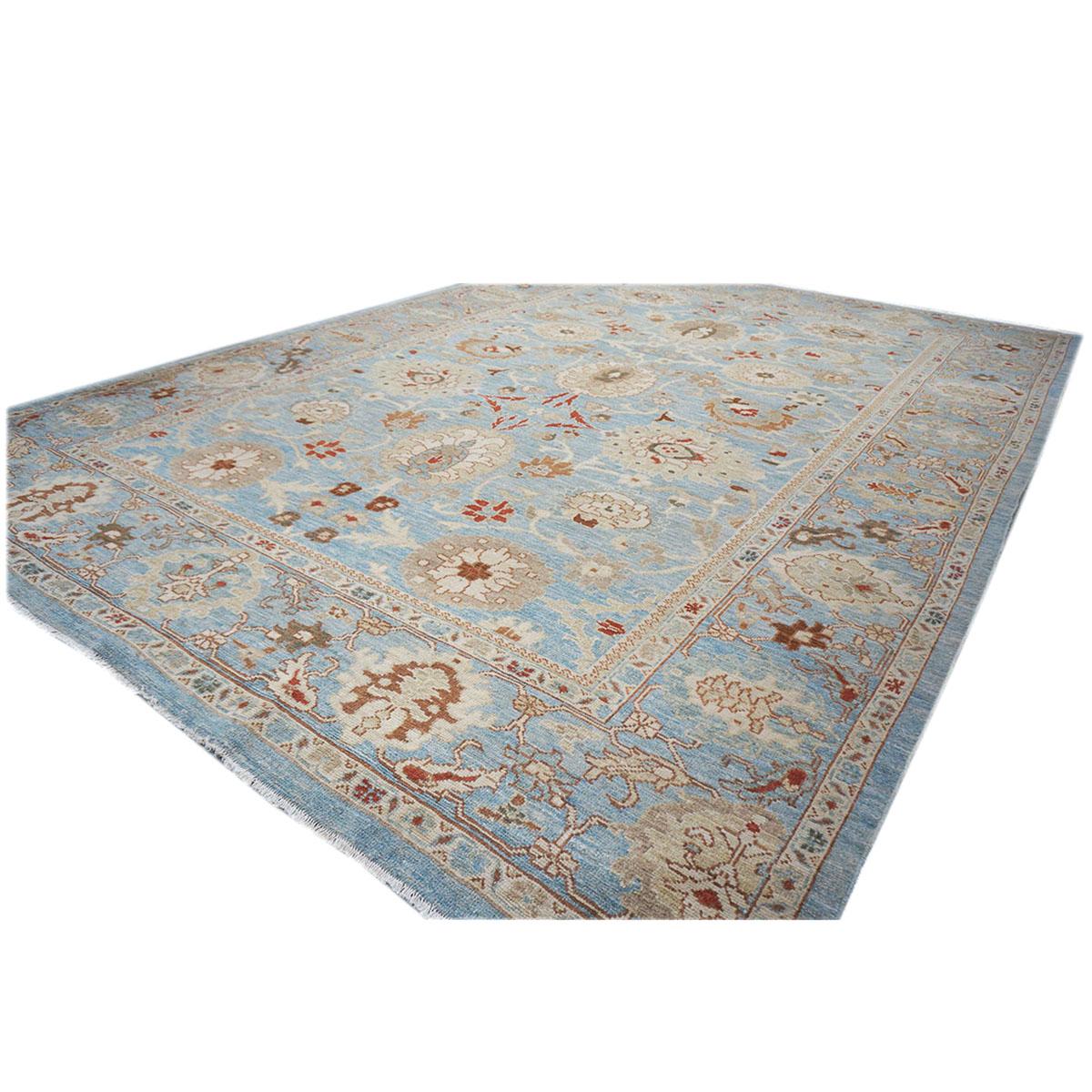 Perse Tapis persan Sultanabad du 21e siècle 9x12 bleu, ivoire et brun clair fait à la main en vente