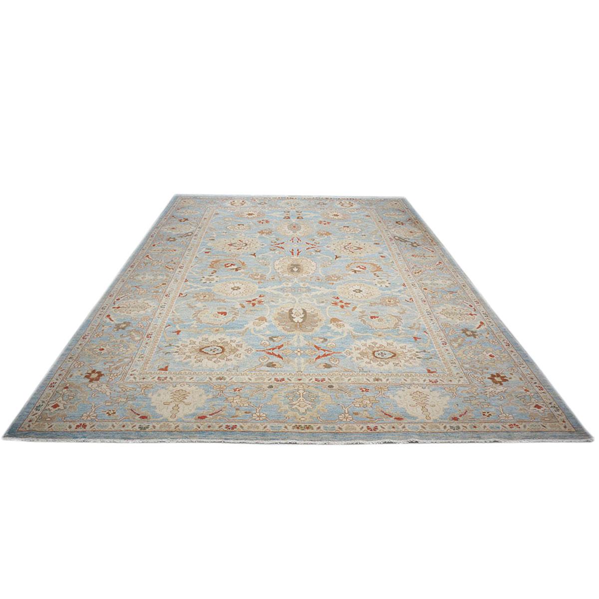 21st Century Persian Sultanabad 9x12 Blue, Ivory, & Tan Handmade Area Rug In Excellent Condition For Sale In Houston, TX