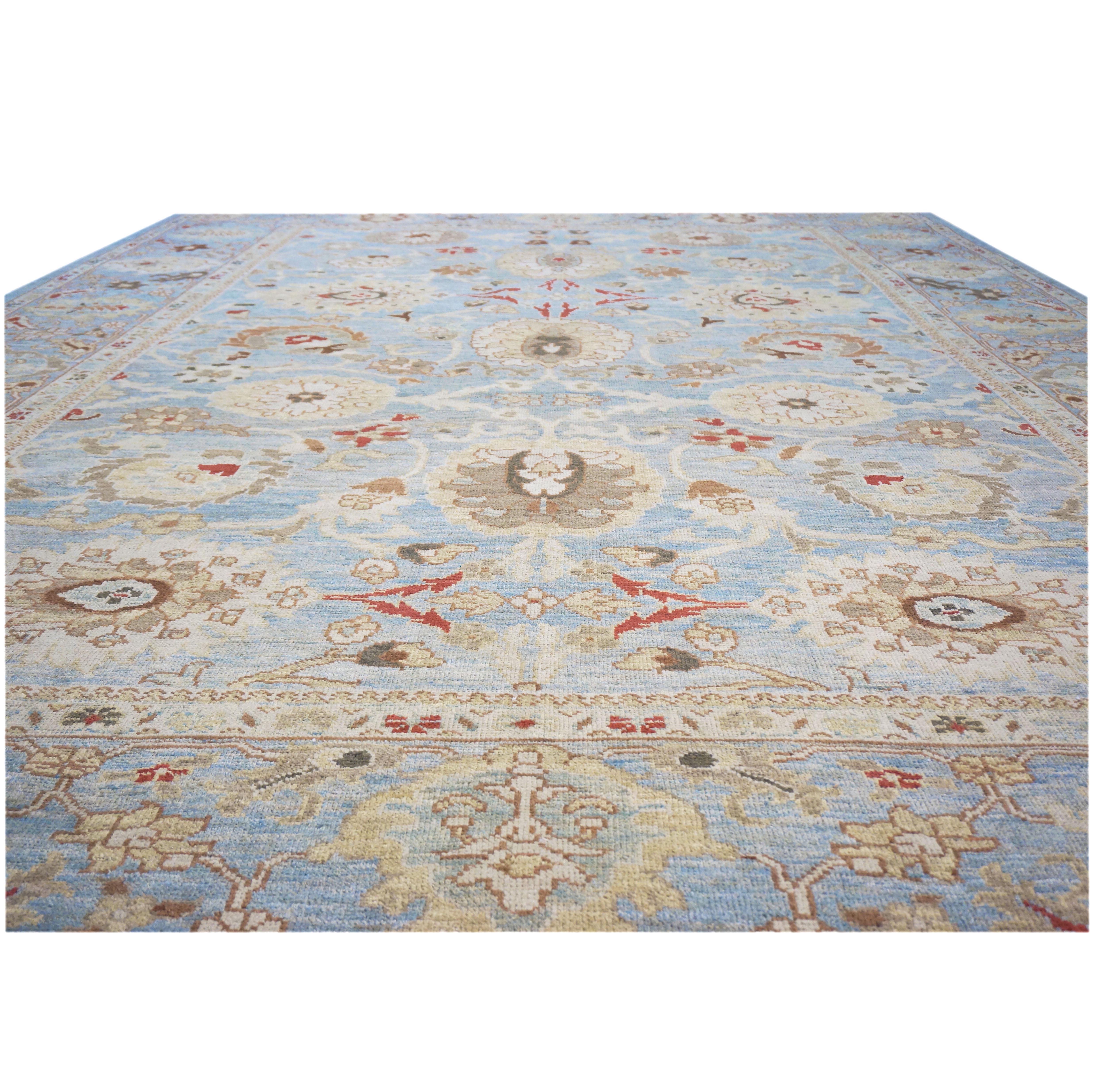 Contemporary 21st Century Persian Sultanabad 9x12 Blue, Ivory, & Tan Handmade Area Rug For Sale